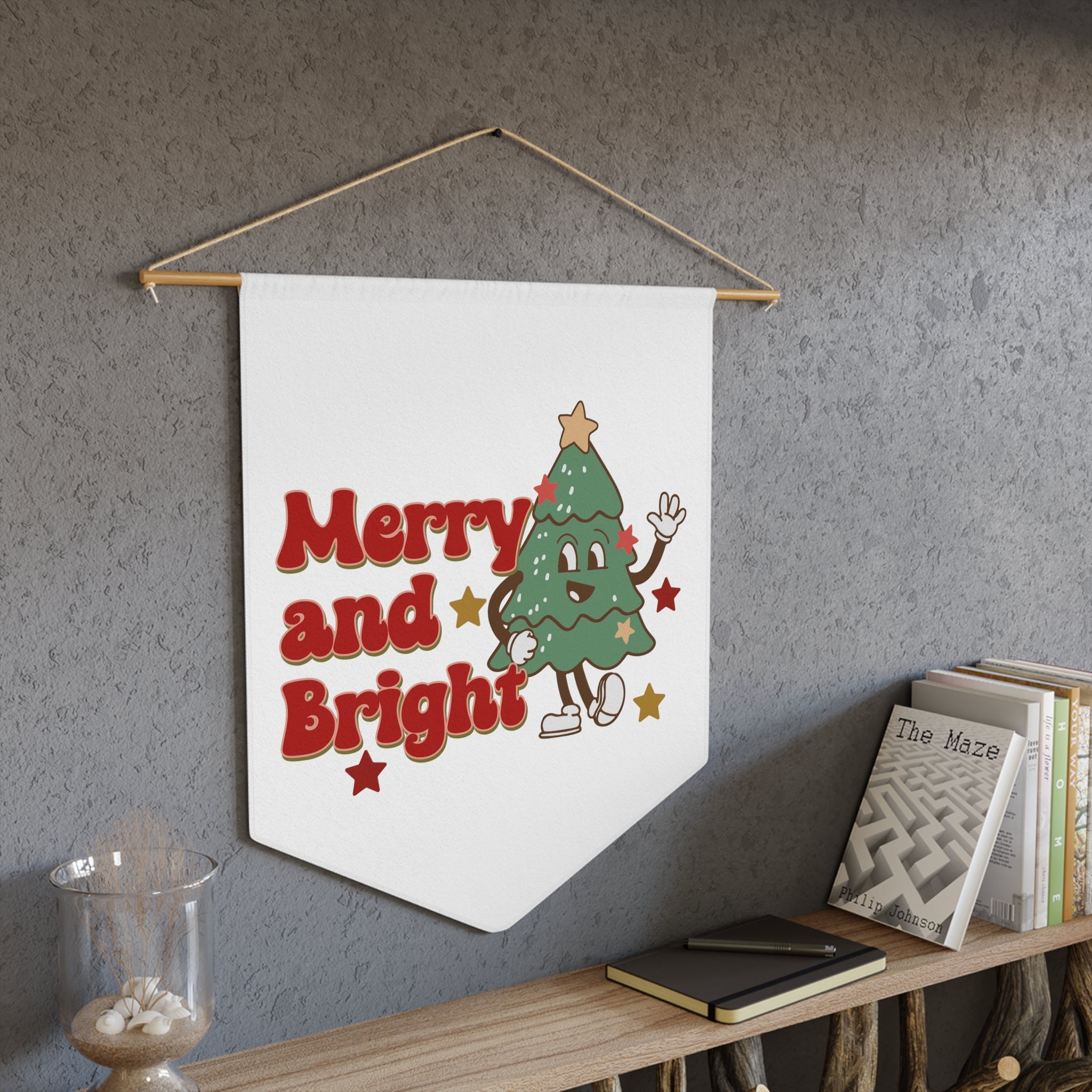Merry And Bright Cute Christmas Tree Retro Style Christmas Wall Hanging Banner Flag