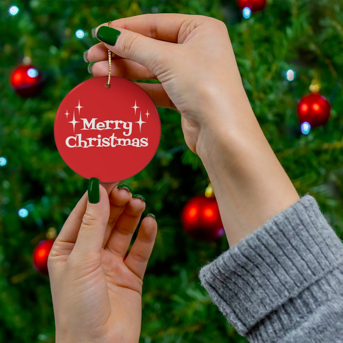 Merry Christmas Starburst Atomic Mid Century Retro Christmas Style Red Ceramic Ornament