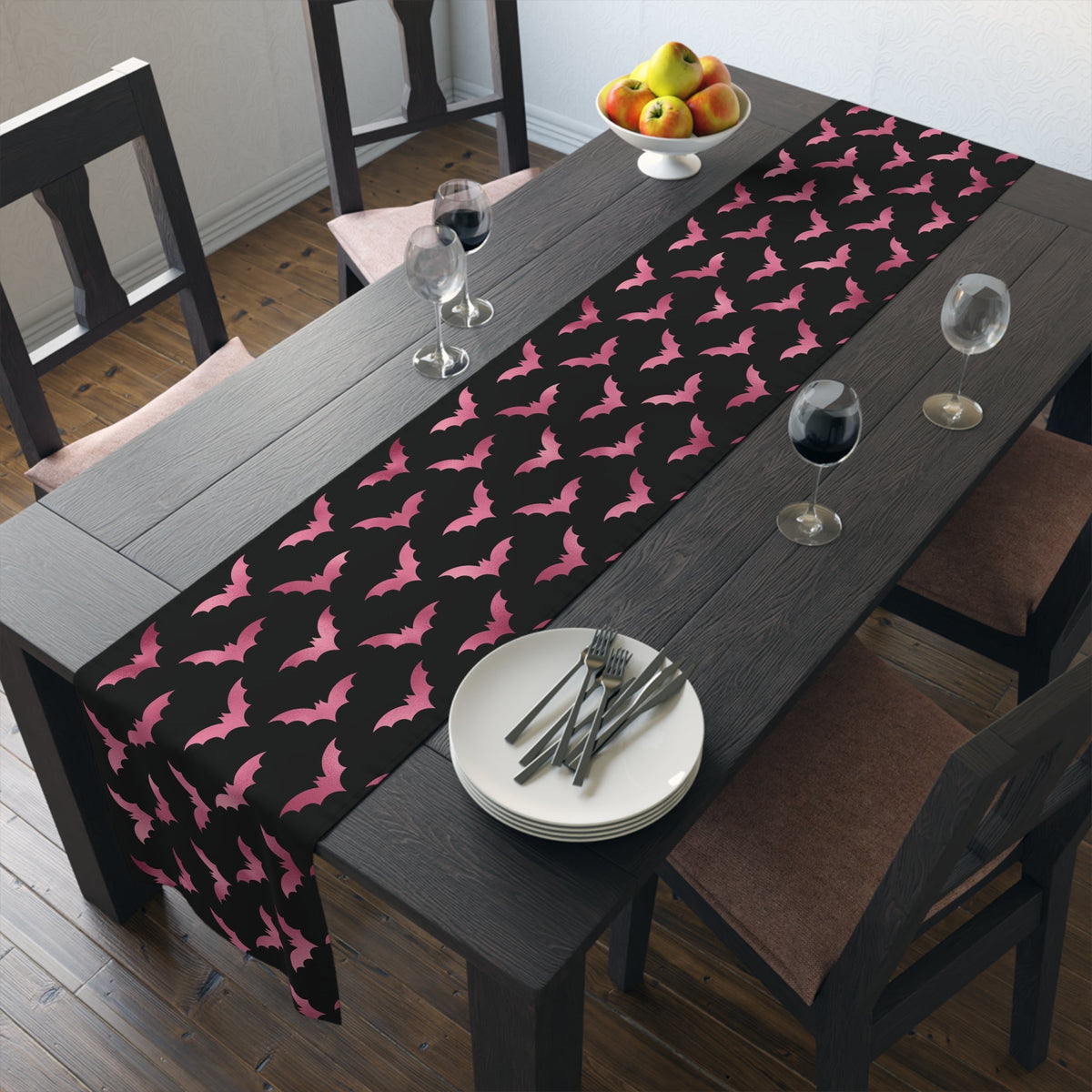 Pink Bats Halloween Decor Cotton Poly Table Runner