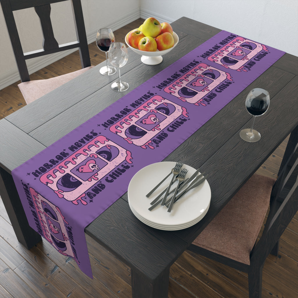 Horror Movies And Chill Distressed Halloween Purple Decor Cotton Poly Table Runner