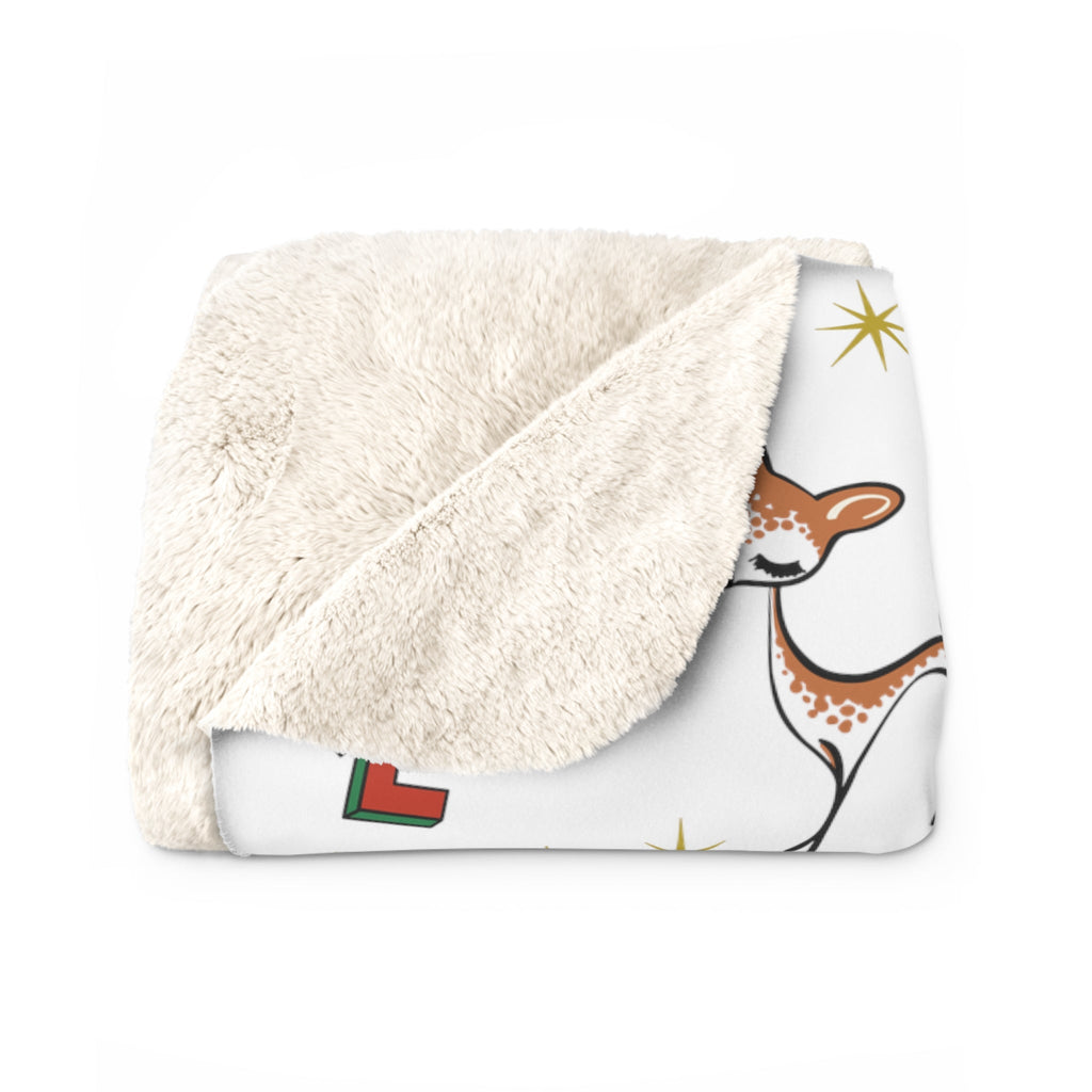Noel Reindeer Atomic Mid Century Retro Style Sherpa Fleece Blanket
