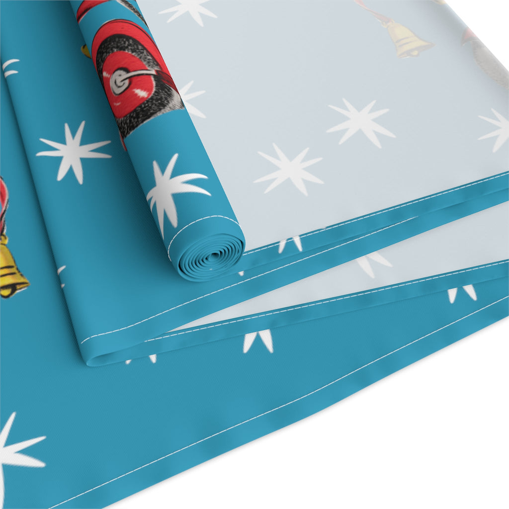 Christmas Mouse On Scooter Blue Mid Century Retro Christmas Print Home Decor Cotton Poly Table Runner