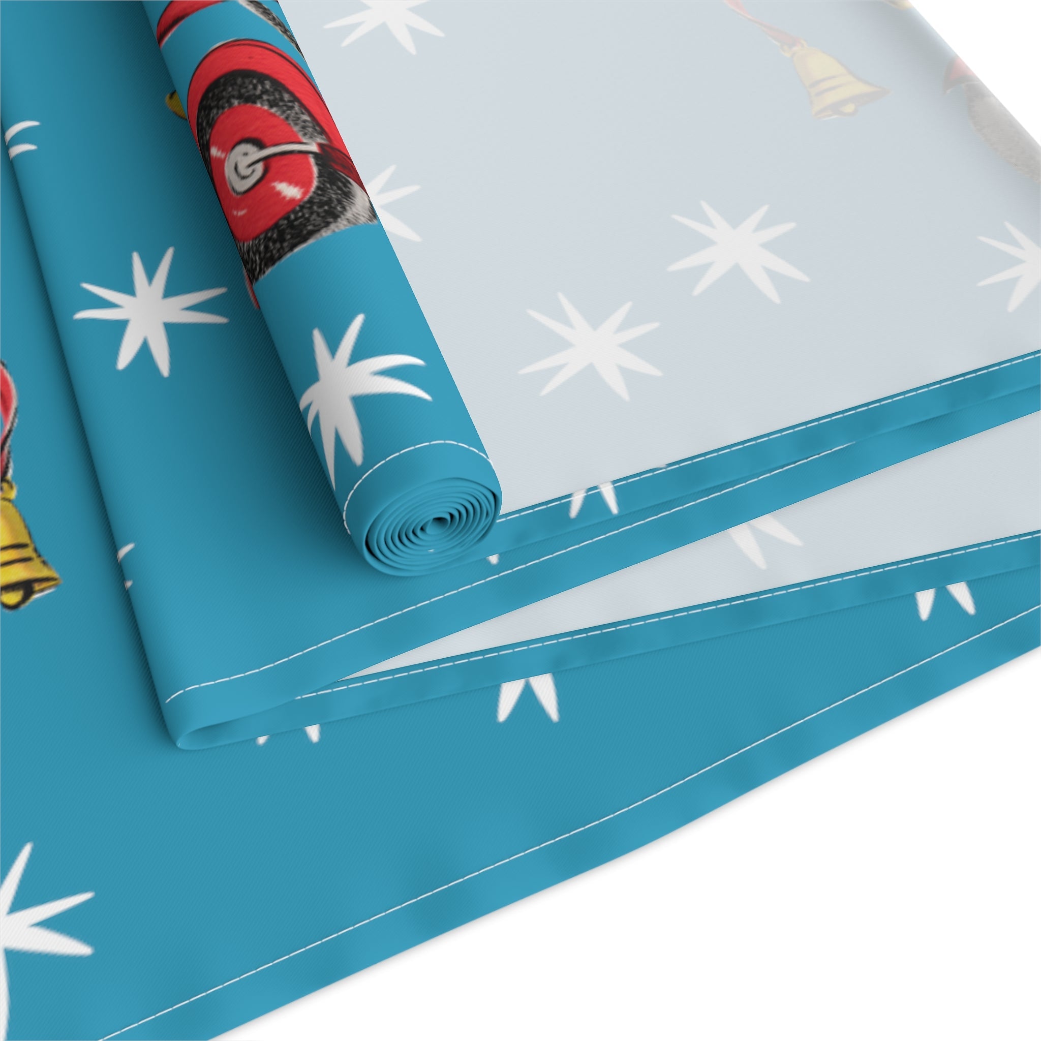 Christmas Mouse On Scooter Blue Mid Century Retro Christmas Print Home Decor Cotton Poly Table Runner