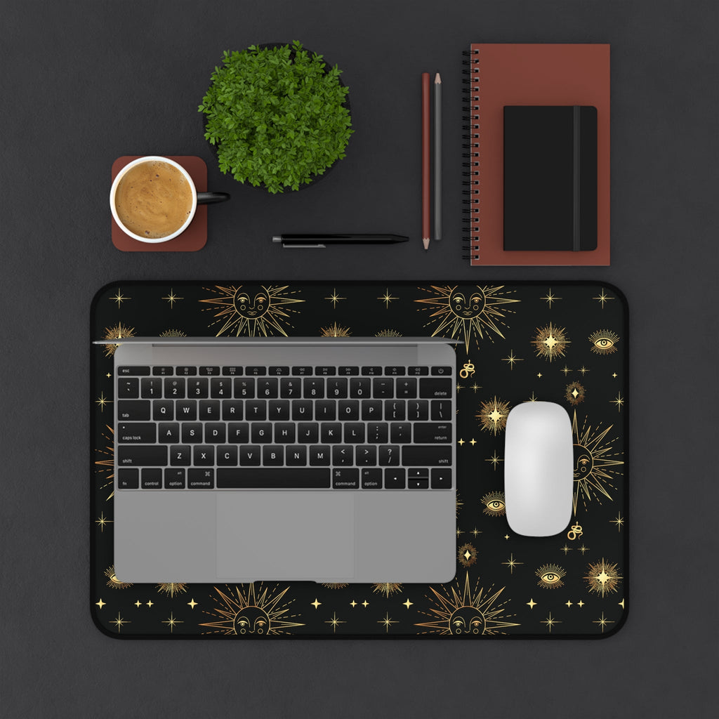 Celestial Gold Sun Stars Tarot Black Desk Mat - 3 size options