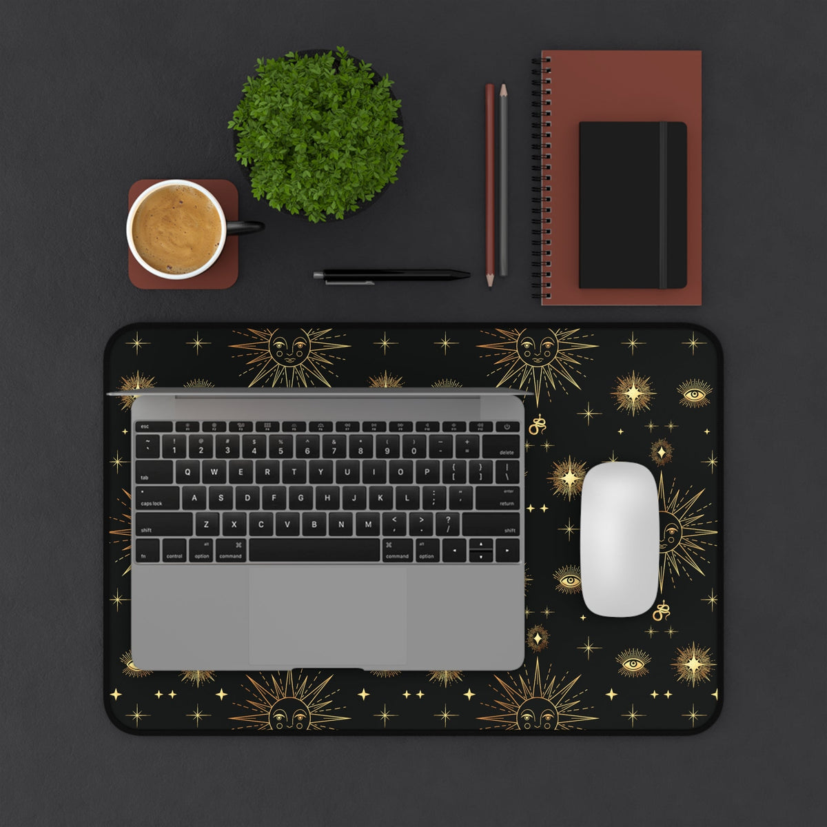 Celestial Gold Sun Stars Tarot Black Desk Mat - 3 size options