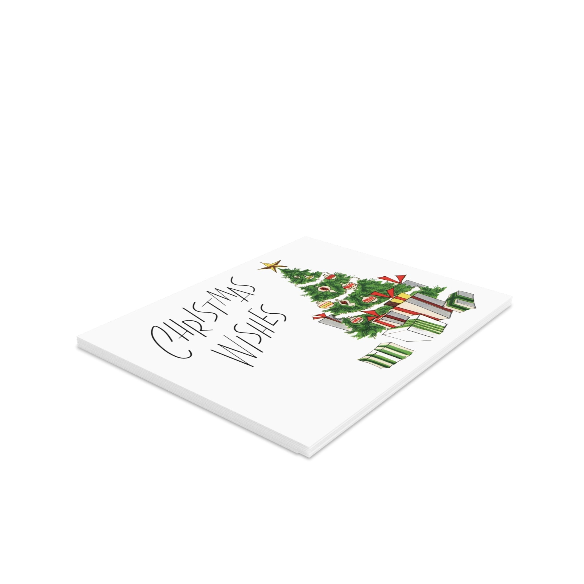 Christmas Wishes Tree With Presents Mid Century Retro Christmas Print Matte Greeting Cards (8, 16, and 24 pcs)
