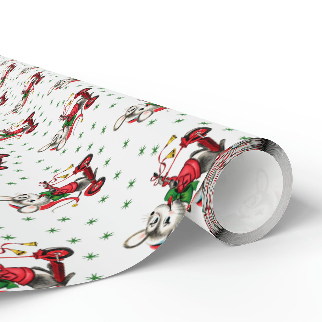 Christmas Mouse On Scooter Green Stars Mid Century Retro Christmas Print Holiday Gift Wrap Paper - Glossy Or Matte