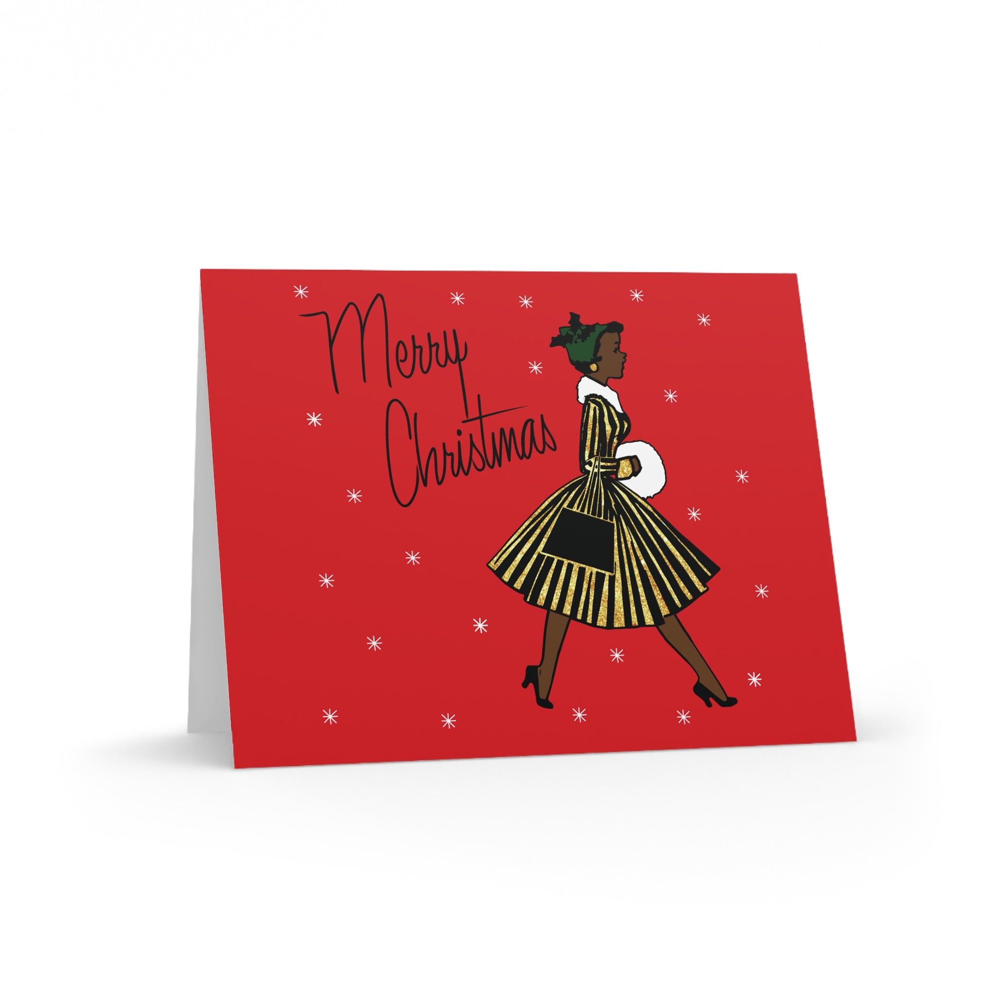 Merry Christmas Lady In Snow Mid Century Retro Christmas Print Red Matte Greeting Cards (8, 16, and 24 pcs)