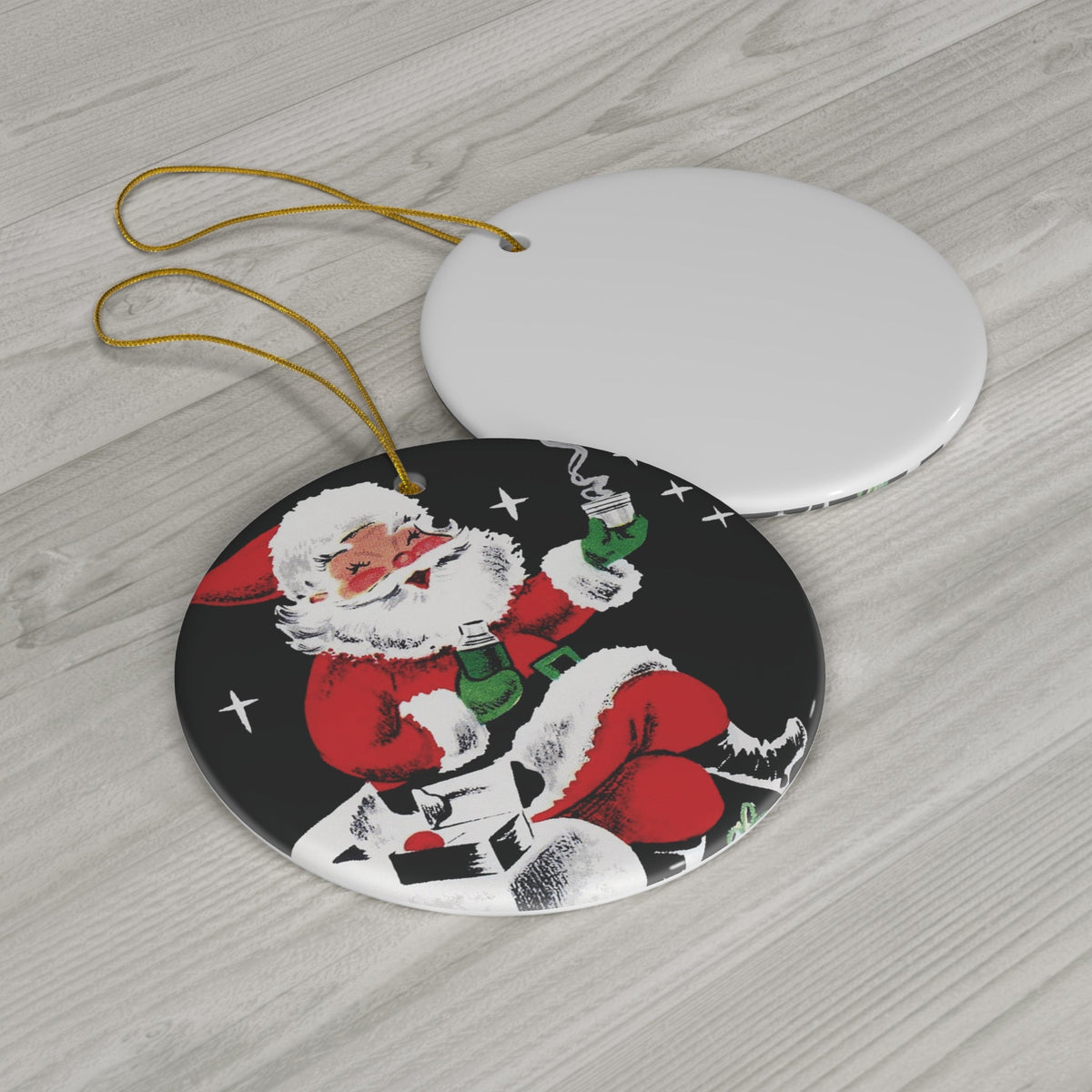 Santa On Chimney With Hot Cocoa Mid Century Retro Christmas Print Ceramic Ornament