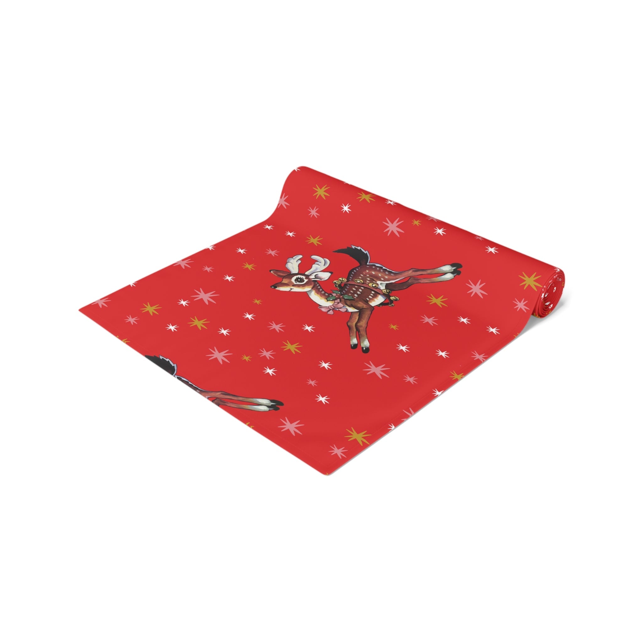 Leaping Reindeer Stars Red Midcentury Retro Christmas Polyester Table Runner