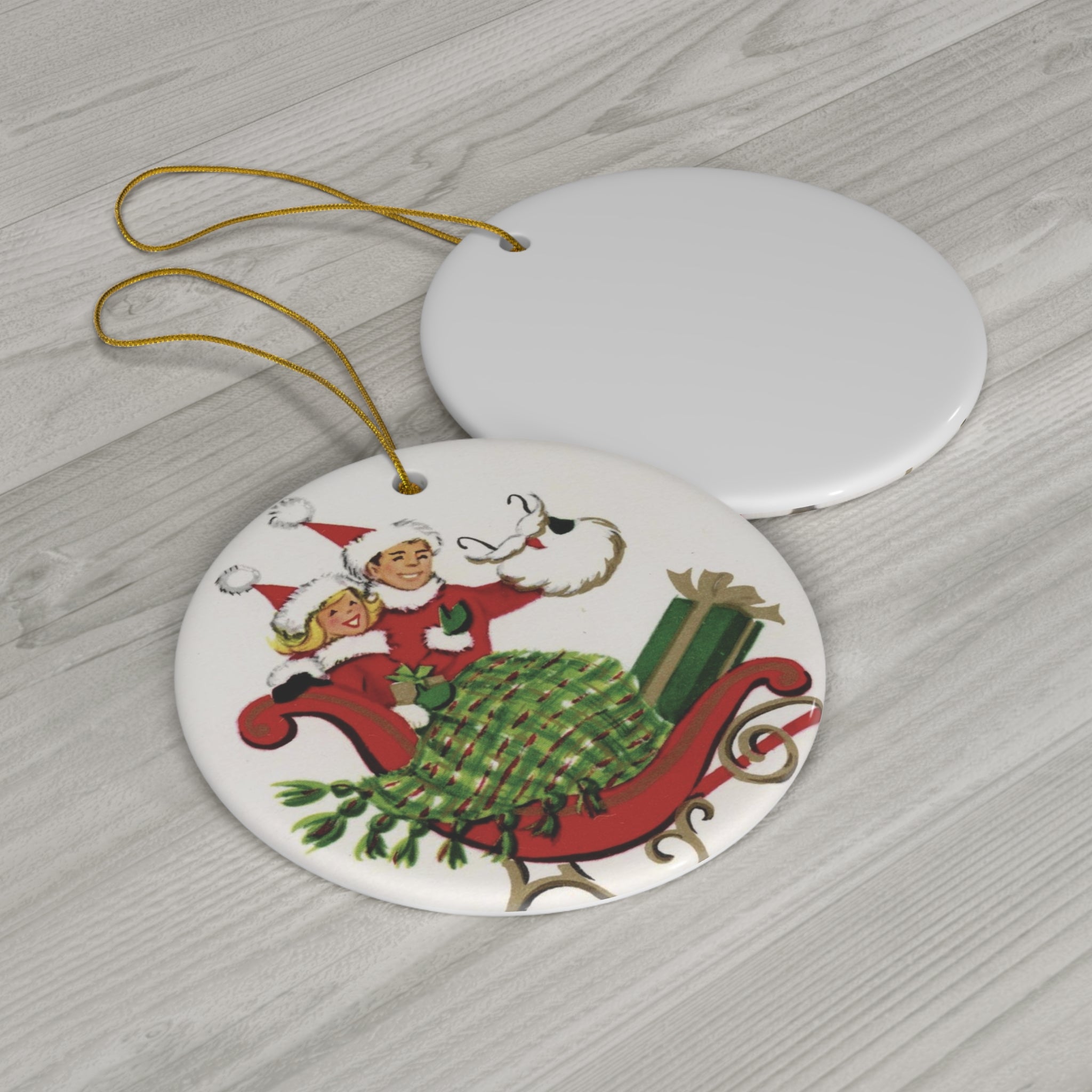 Christmas Couple In Sleigh Mid Century Retro Christmas Print Ceramic Ornament