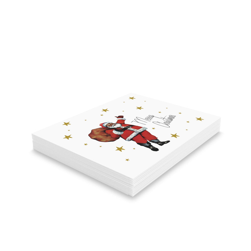 Merry Christmas Santa Gold Stars Mid Century Retro Christmas Style Matte Greeting Cards (8, 16, and 24 pcs)