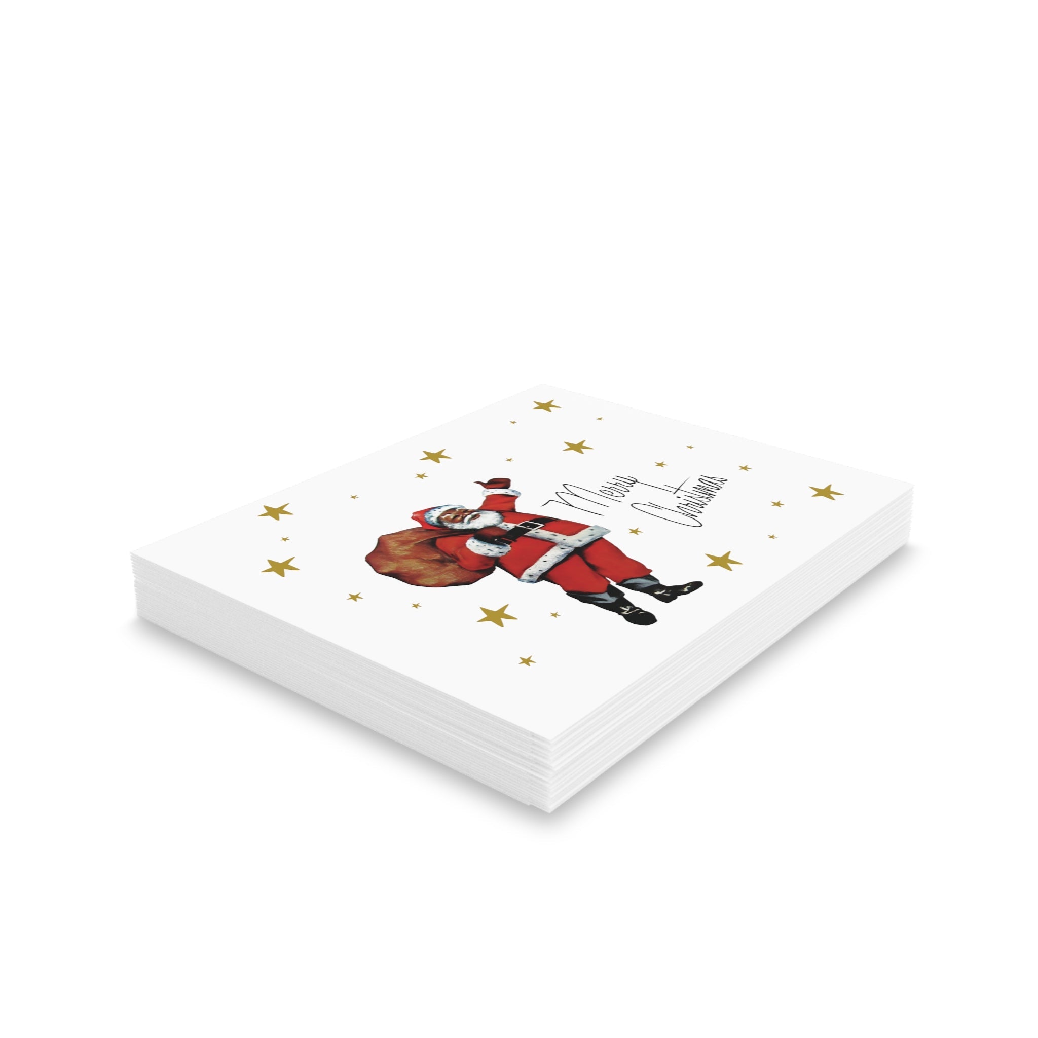 Merry Christmas Santa Gold Stars Mid Century Retro Christmas Style Matte Greeting Cards (8, 16, and 24 pcs)