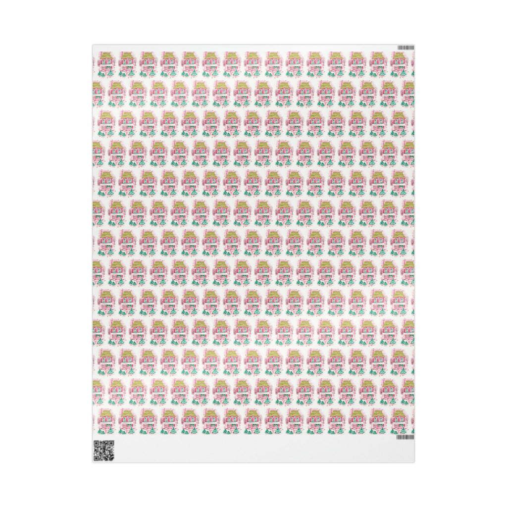 Pink Christmas House Mid Century Retro Christmas Print Holiday Gift Wrap Paper - Glossy Or Matte
