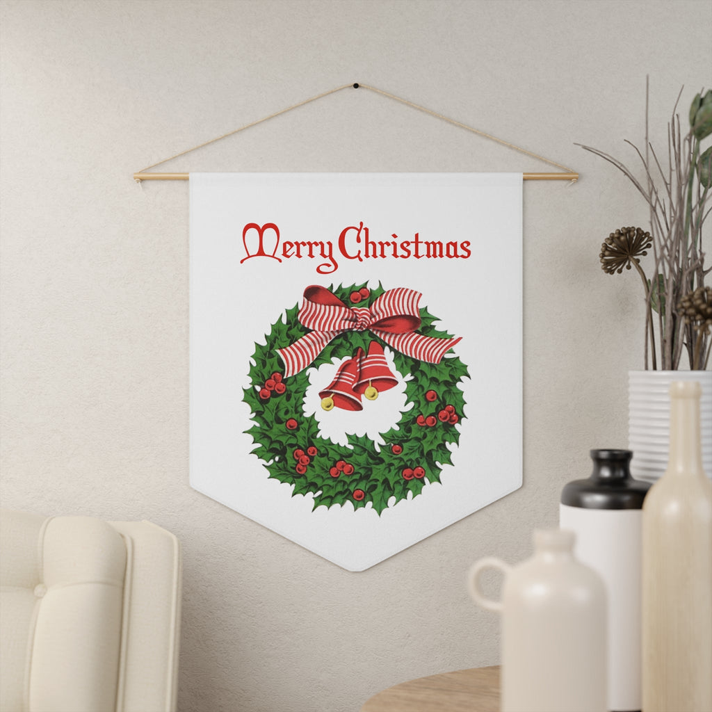 Merry Christmas Wreath Retro Mid Century Christmas Print Wall Hanging Banner Flag