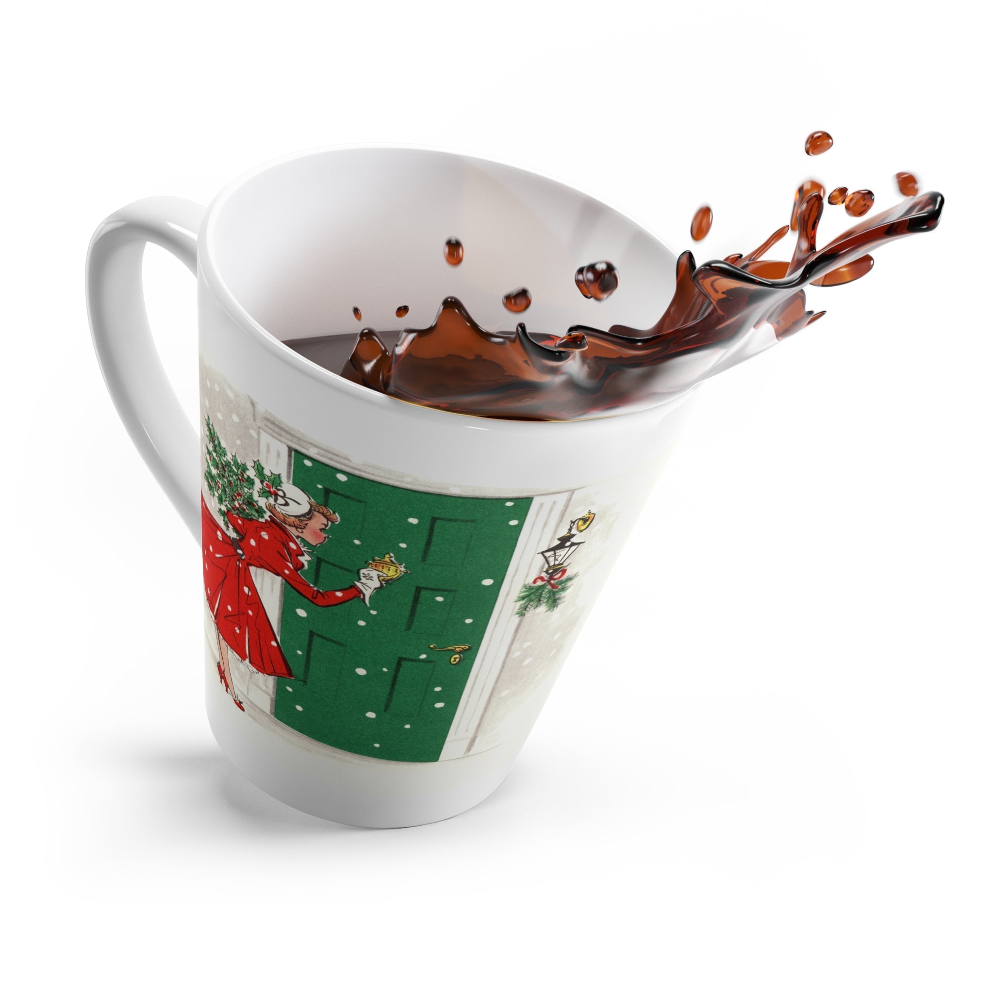 Christmas Lady In Red With Pine Retro Christmas Print Latte Coffee Mug