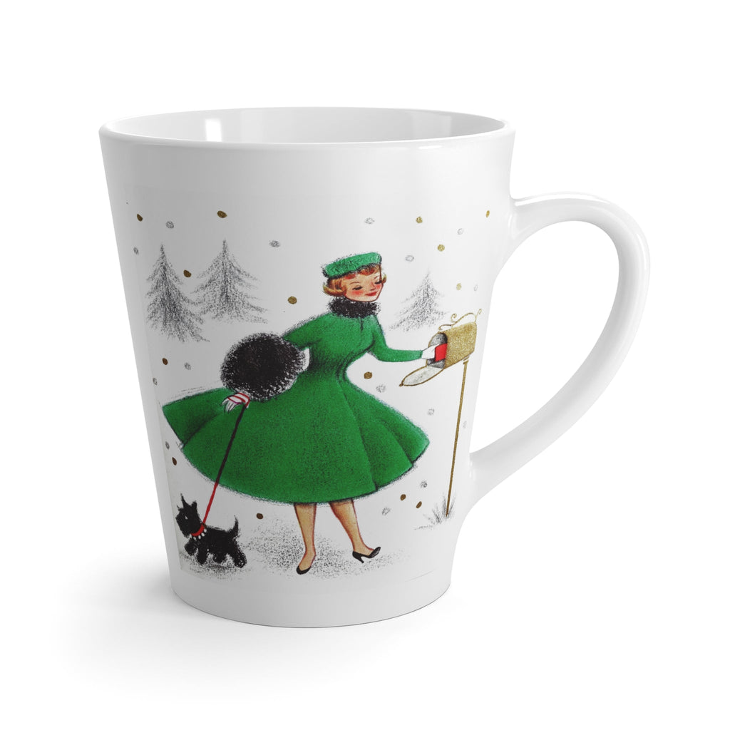 Christmas Lady With Black Scottie Dog At Mailbox Mid Century Retro Christmas Print Latte Mug