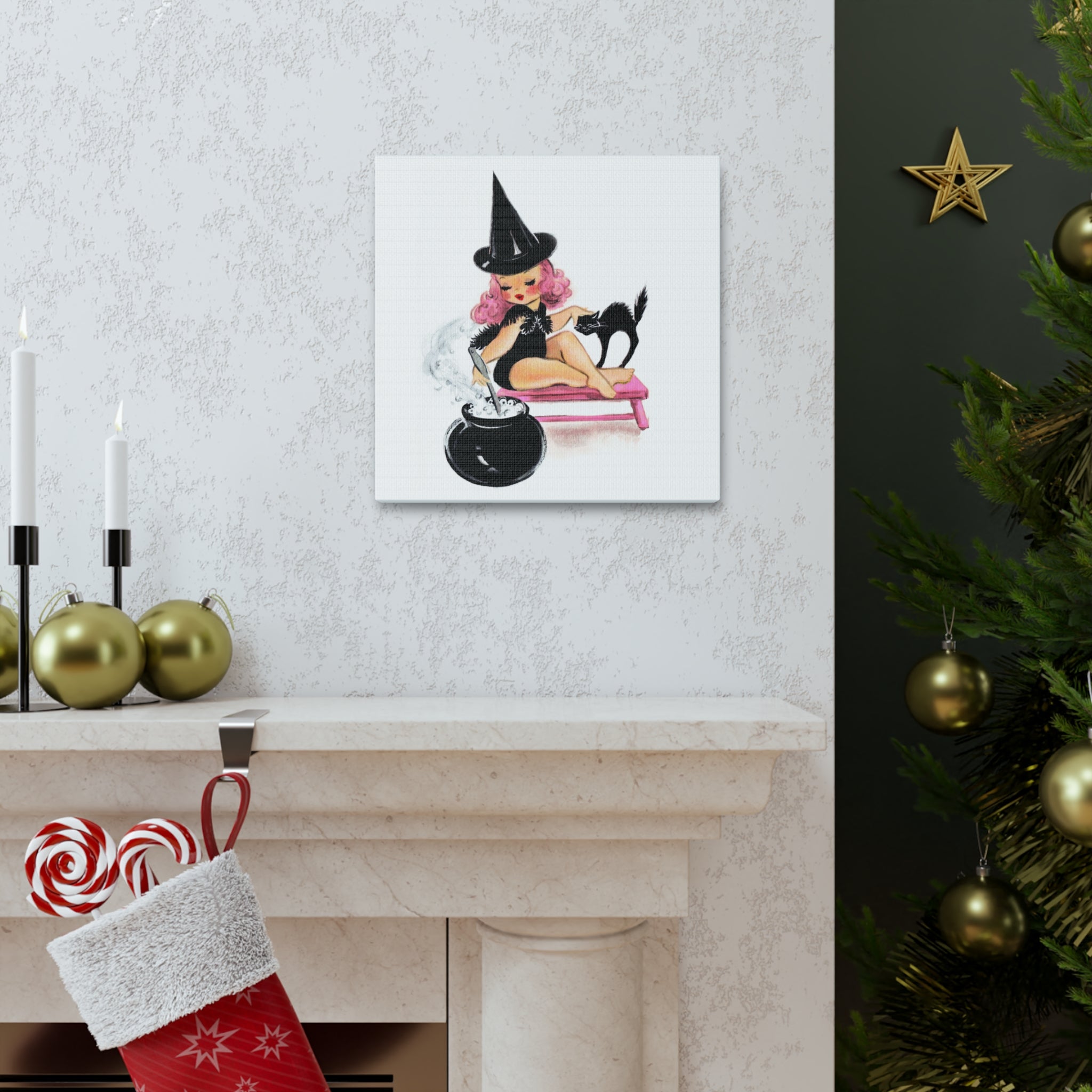 Pink Witch Black Cat Retro Halloween Decor Print Canvas Gallery Wrap