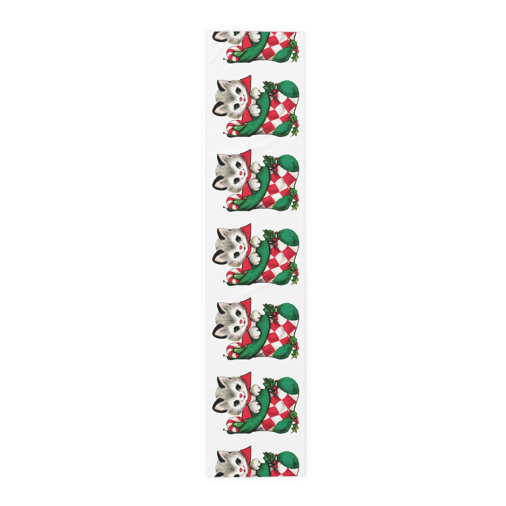 Cute Christmas Kitten In Stocking Mid Century Retro Christmas Print Home Decor Cotton Poly Table Runner