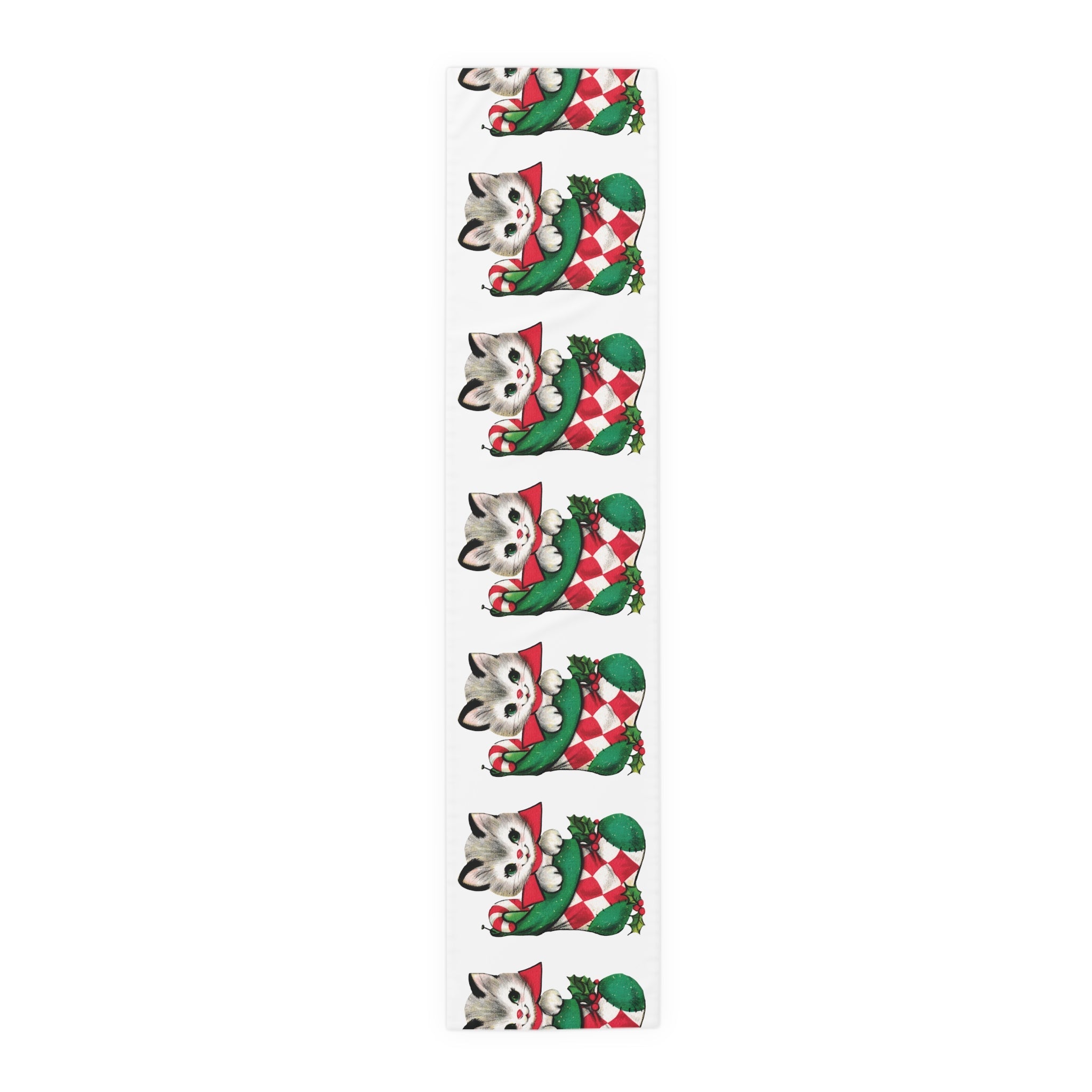 Cute Christmas Kitten In Stocking Mid Century Retro Christmas Print Home Decor Cotton Poly Table Runner
