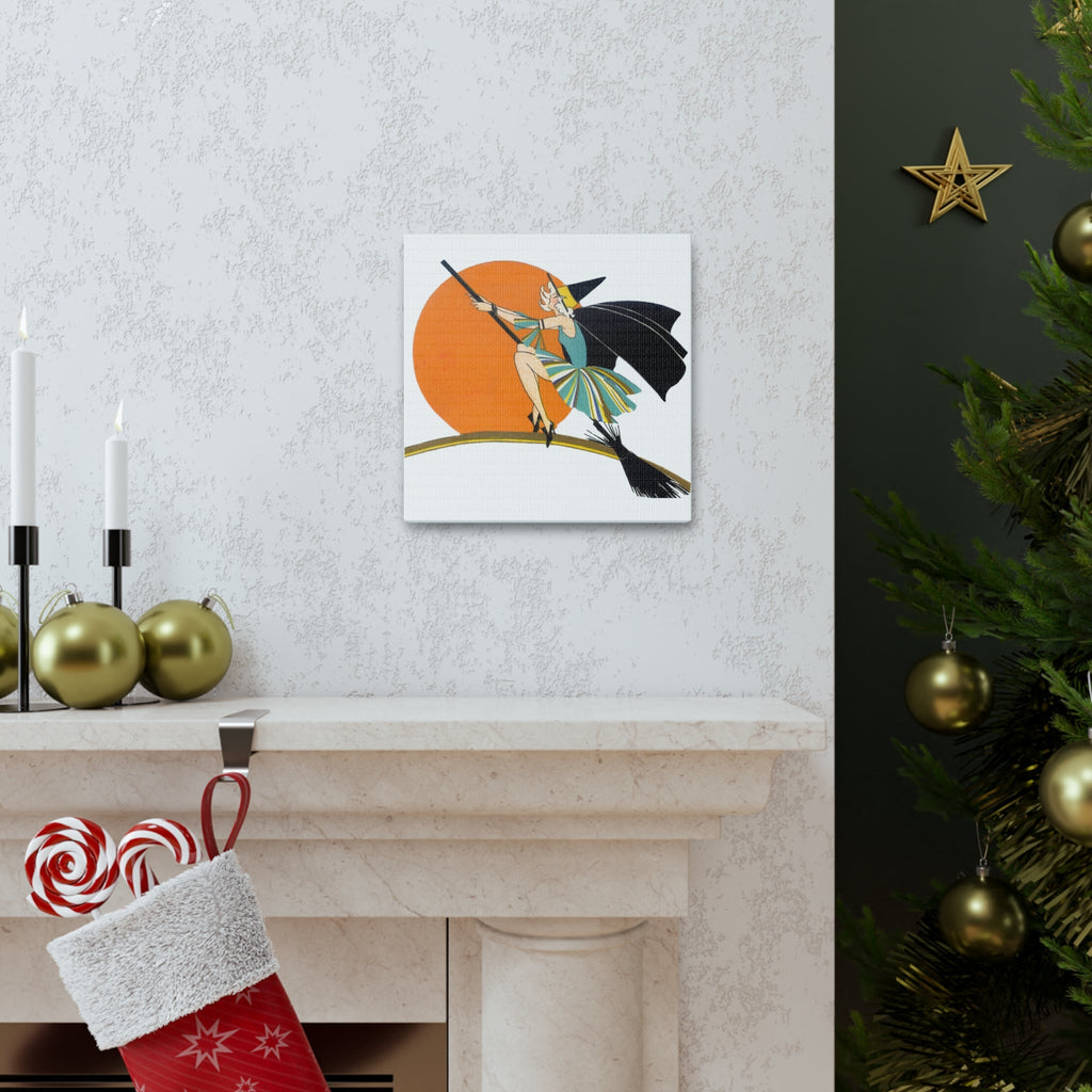 Flapper Witch On Broom Orange Moon Retro Halloween Decor Print Canvas Gallery Wrap