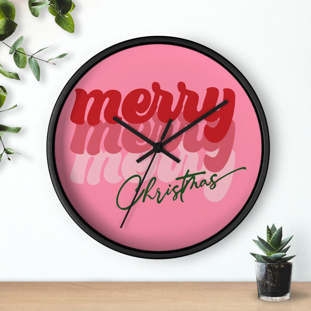 Merry Merry Merry Christmas Trees Pink Christmas Black Christmas Wall Clock