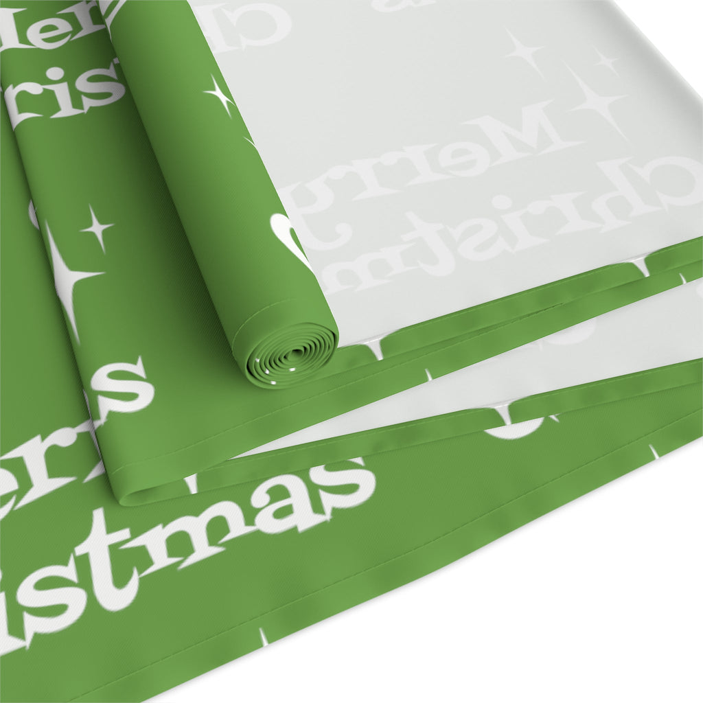 Merry Christmas Starburst Atomic Mid Century Retro Style Christmas Decor Green Cotton Poly Table Runner