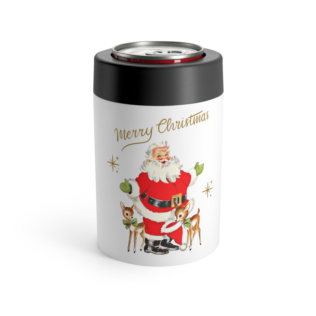 Merry Christmas Santa Baby Reindeer Gold Stars Mid Century Retro Christmas Print Stainless Steel Can Holder