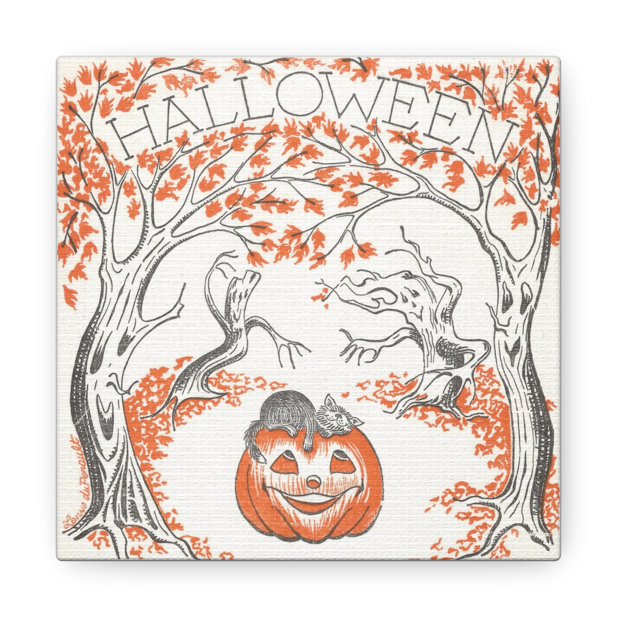 Halloween Trees Black Cat Jack O Lantern Retro Halloween Decor Print Canvas Gallery Wrap