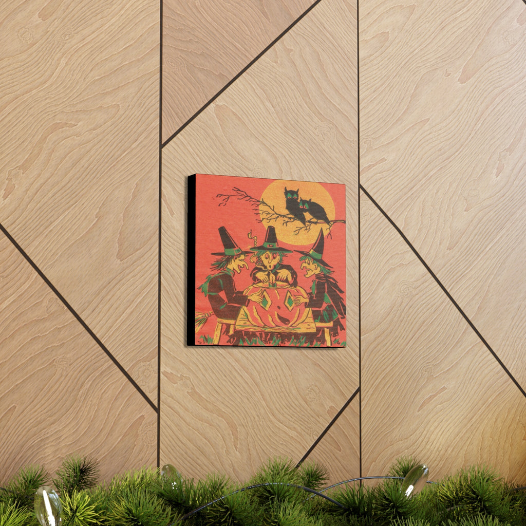 Three Witches Owls Halloween Canvas Gallery Wrap - Retro Style