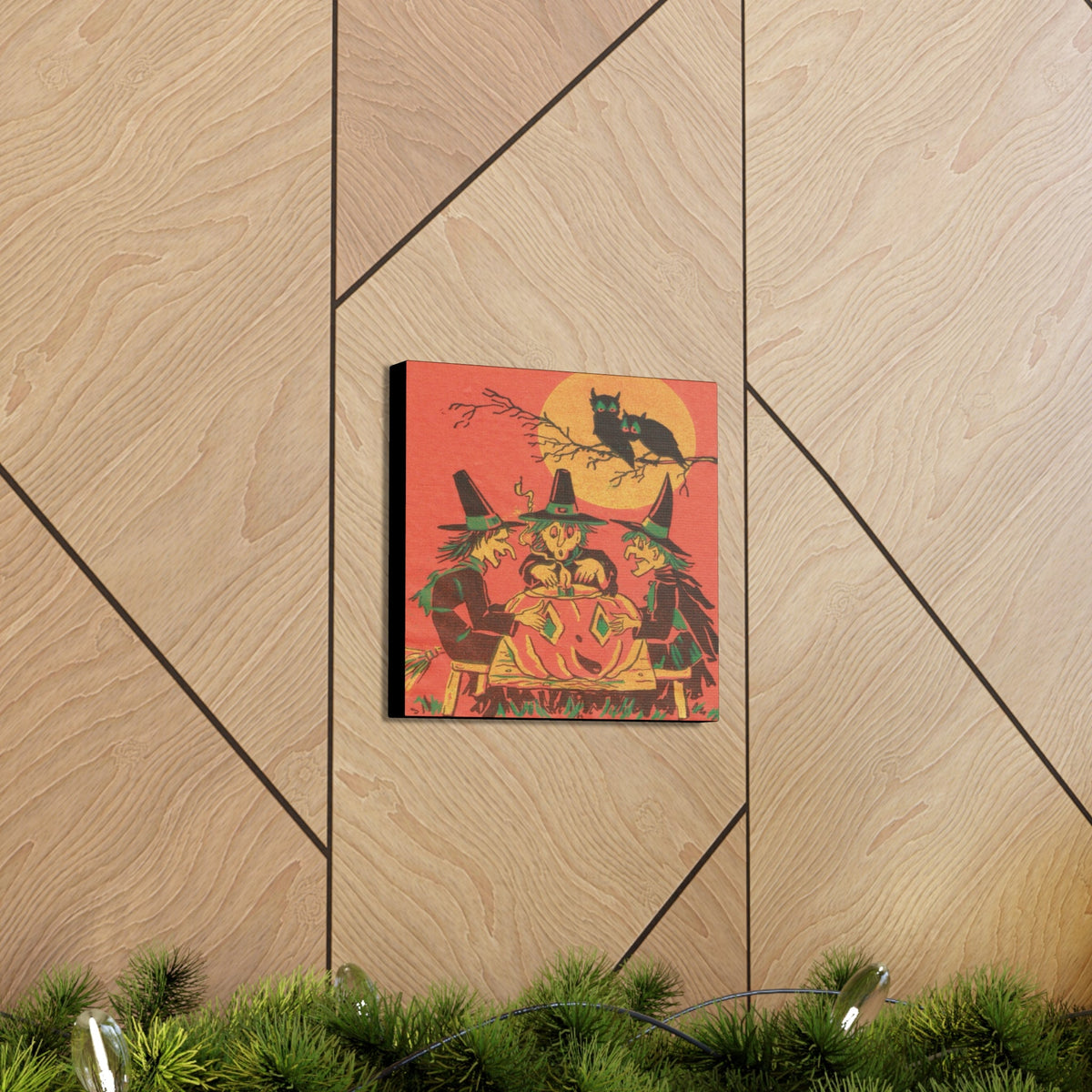 Three Witches Owls Halloween Canvas Gallery Wrap - Retro Style