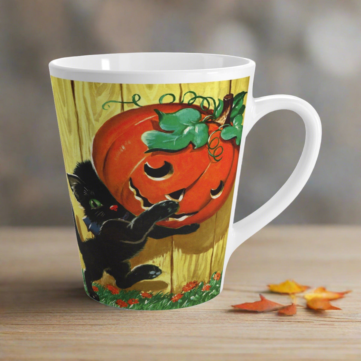 Black Cat With Pumpkin Jack O Lantern Retro Halloween Print Latte Coffee Mug