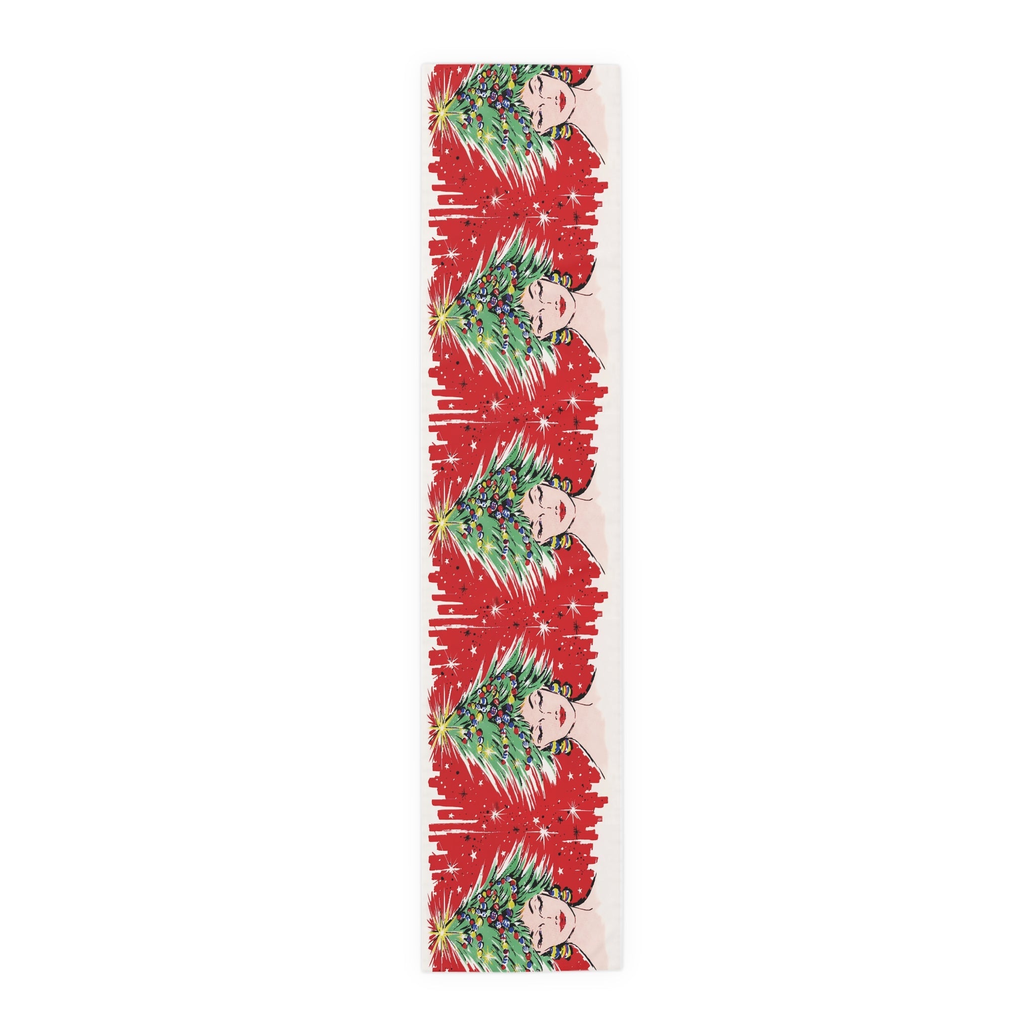 Christmas Tree Hat Lady 50s Mid Century Retro Christmas Print Home Decor Cotton Poly Table Runner
