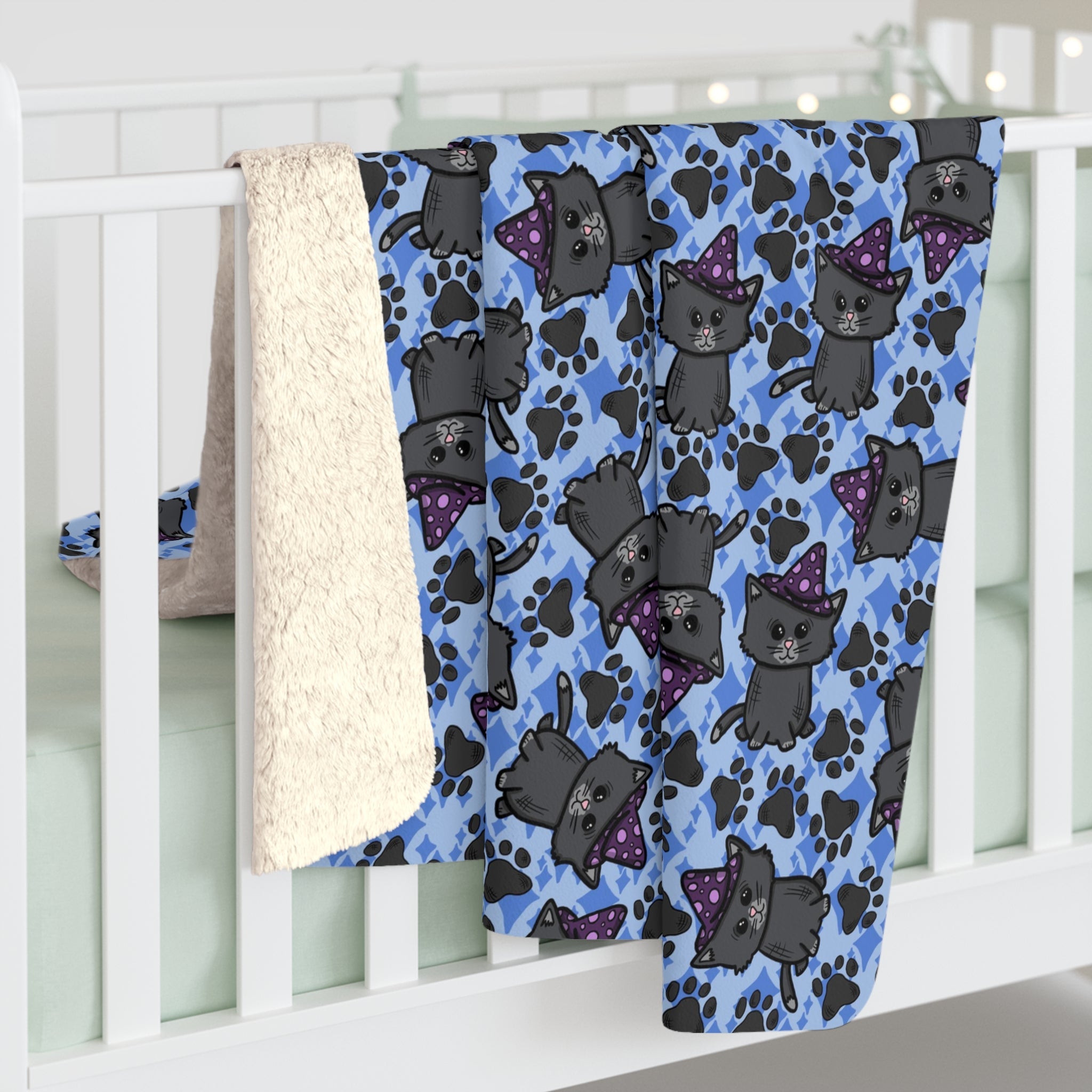 Witchy Kitties Blue Halloween Sherpa Fleece Blanket