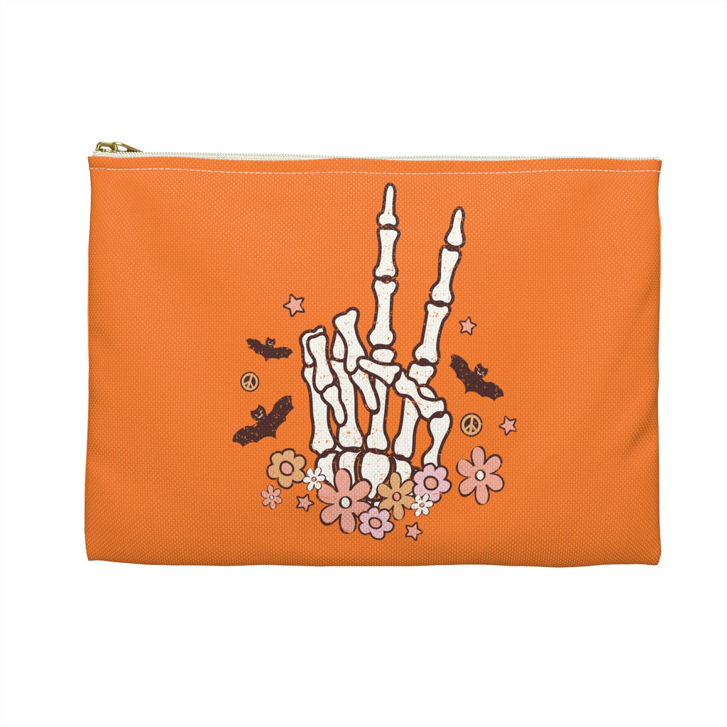 Skeleton Peace Sign Distressed Style Halloween Print Polyester Accessory Pouch Travel Bag