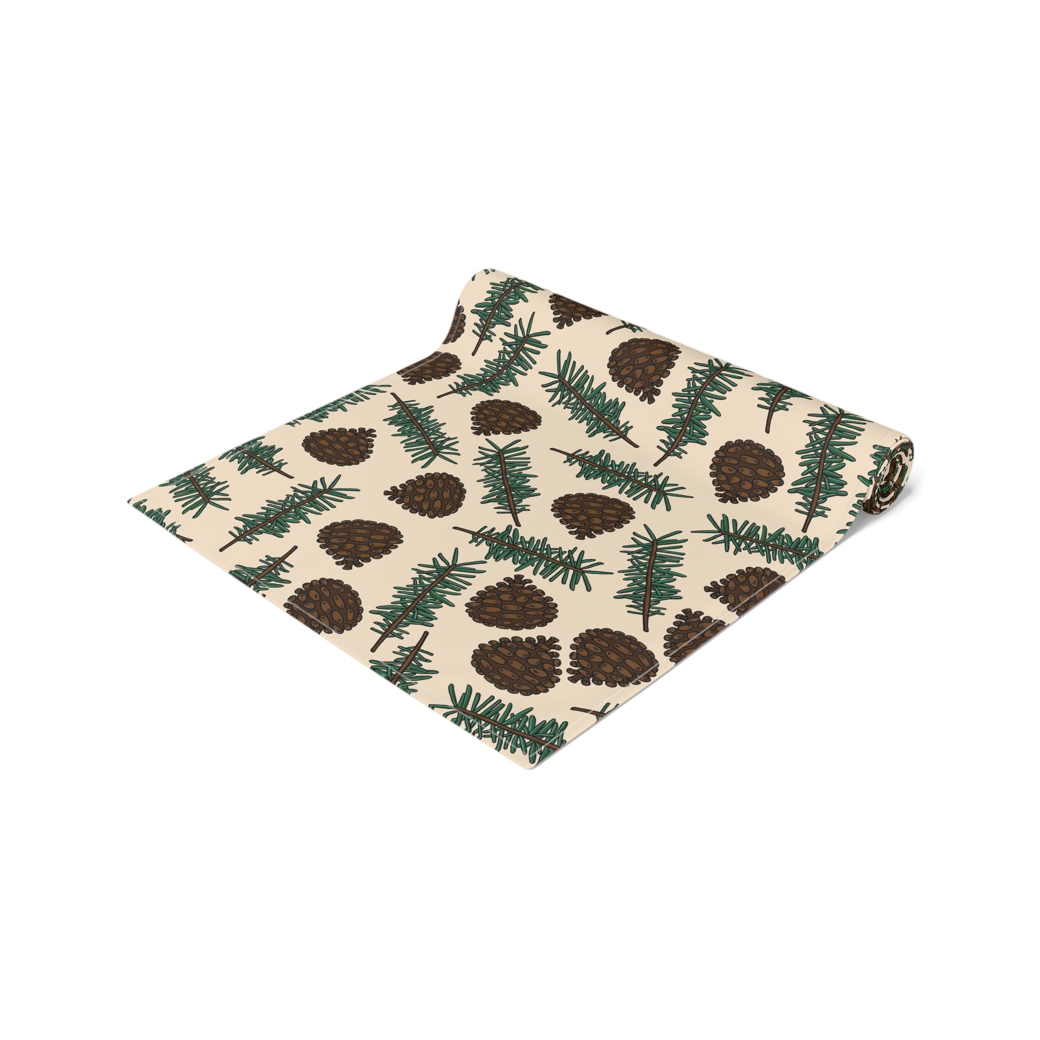 Pinecones With Sprigs Of Pine Cute Winter Christmas Print Home Decor Cotton Poly Table Runner