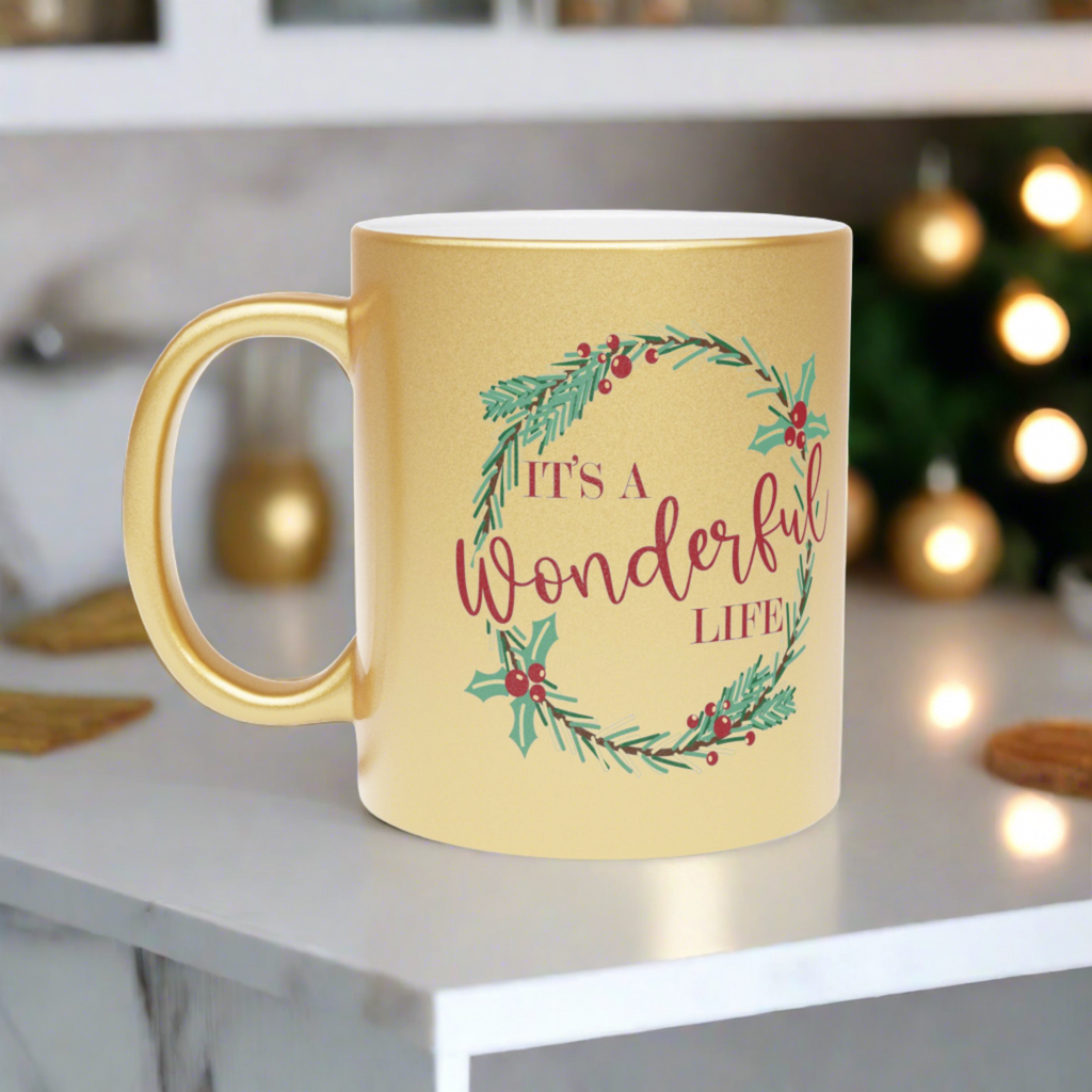 It's A Wonderful Life Wreath Christmas Gold Metallic Mug