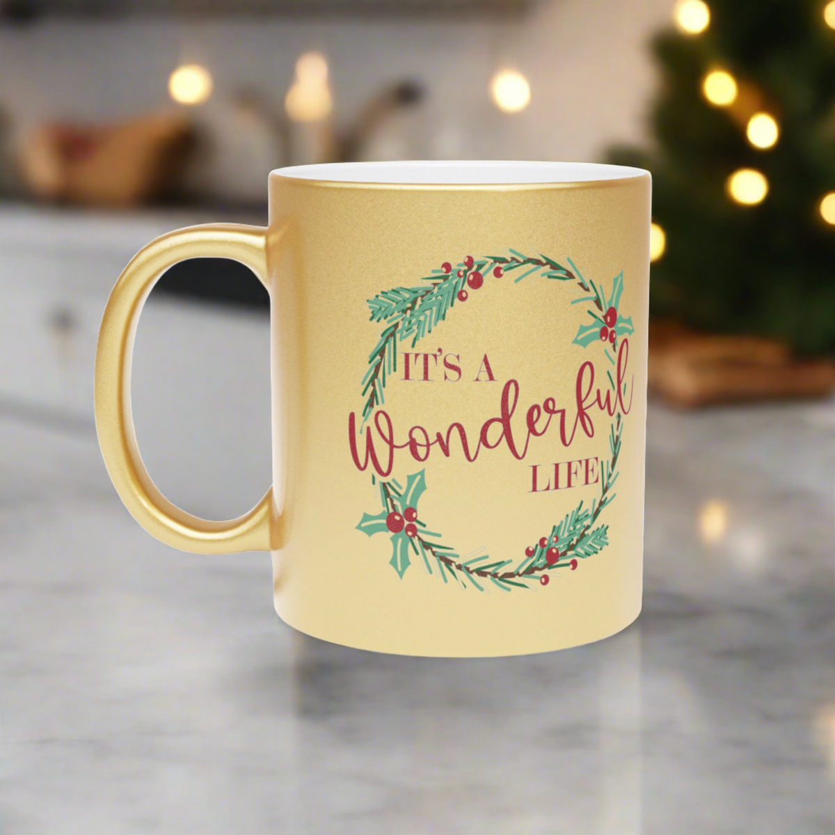 It's A Wonderful Life Wreath Christmas Gold Metallic Mug