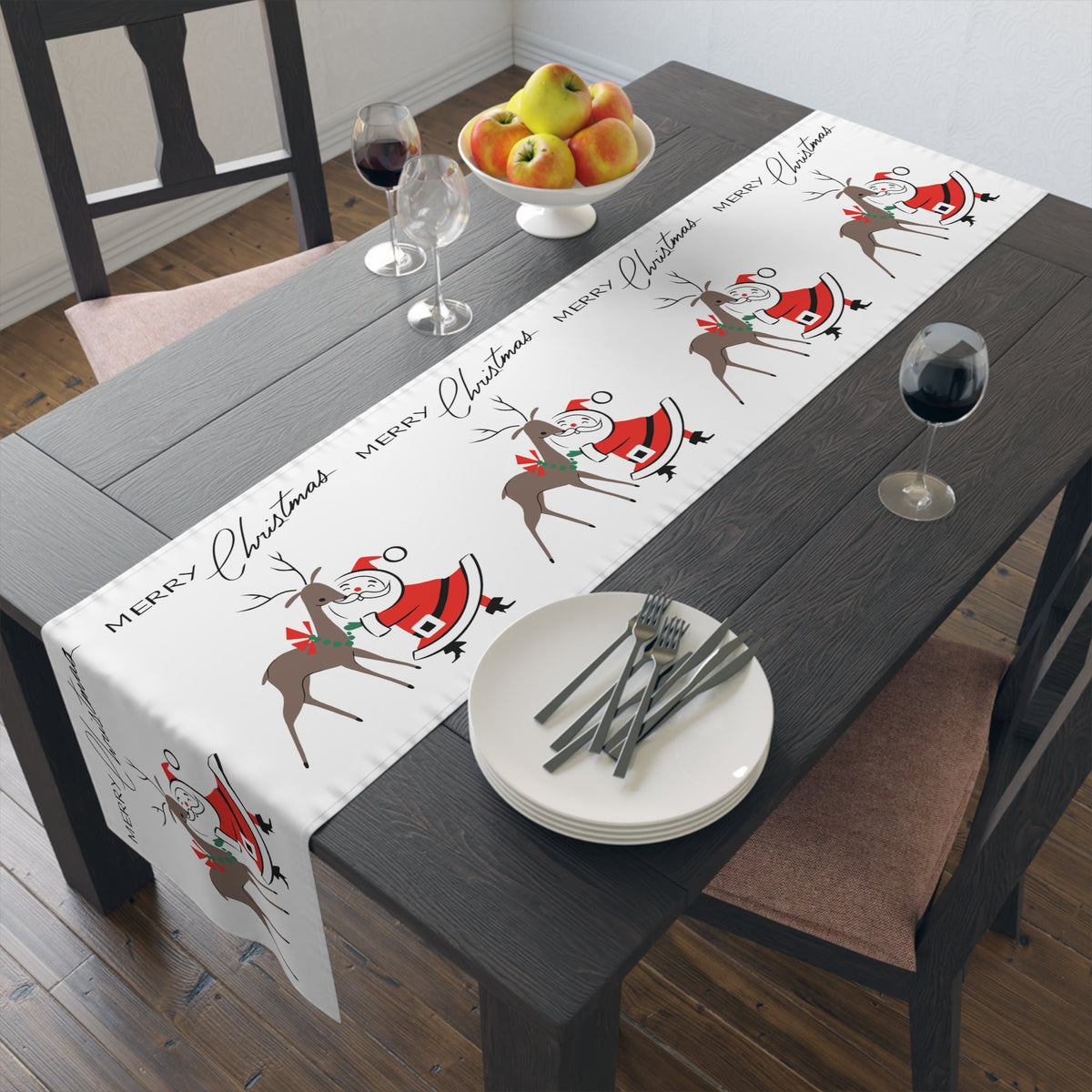 Merry Christmas Santa With Reindeer Mid Century Retro Style Christmas Decor Red Cotton Poly Table Runner