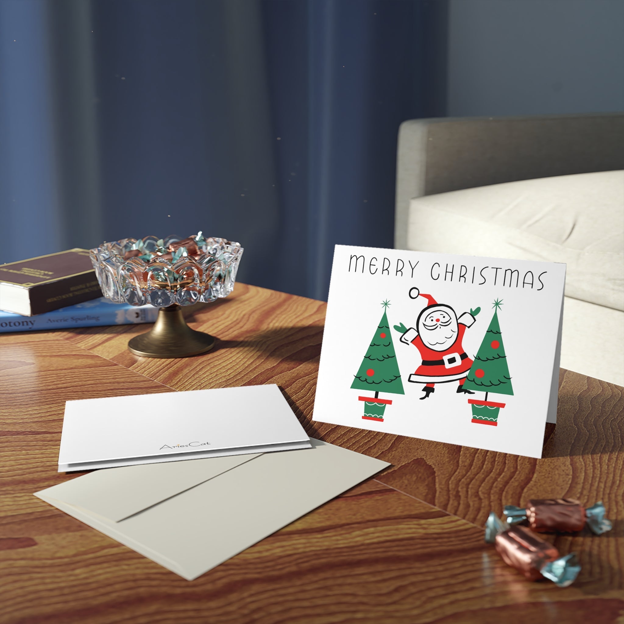 Merry Christmas Santa Trees Mid Century Retro Christmas Print Matte Greeting Cards (8, 16, and 24 pcs)