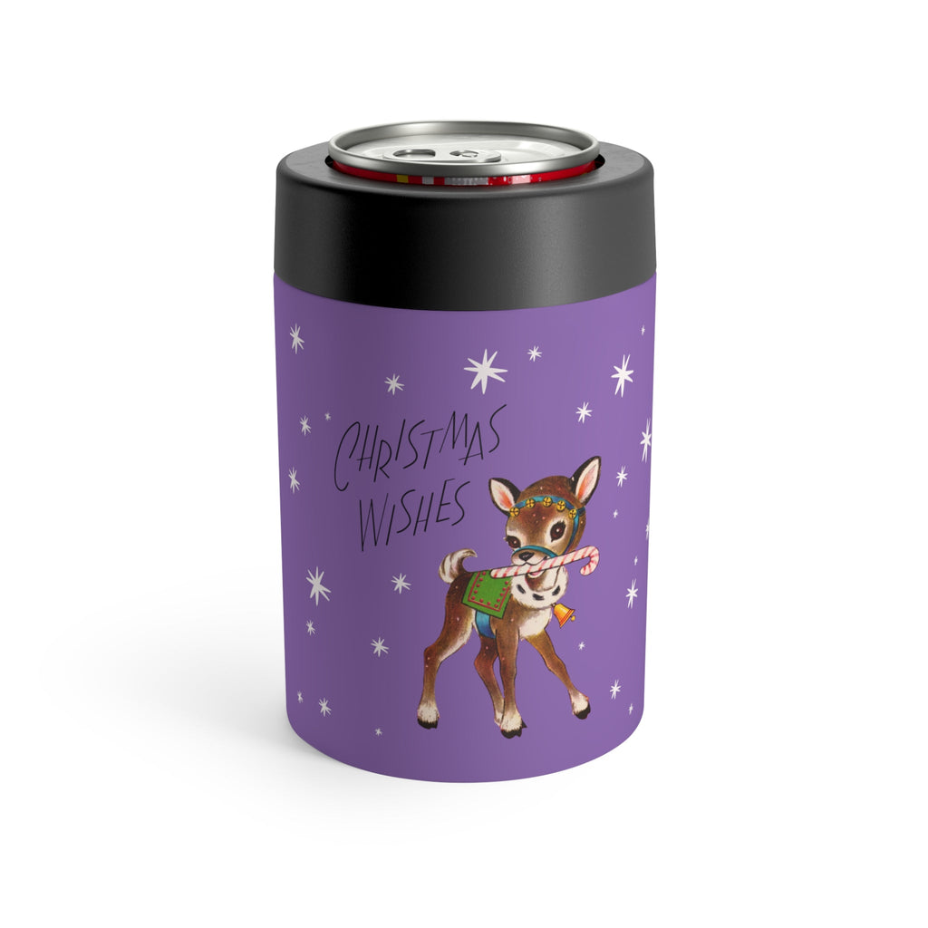 Christmas Wishes Reindeer Stars Purple Mid Century Retro Christmas Print Stainless Steel Can Holder