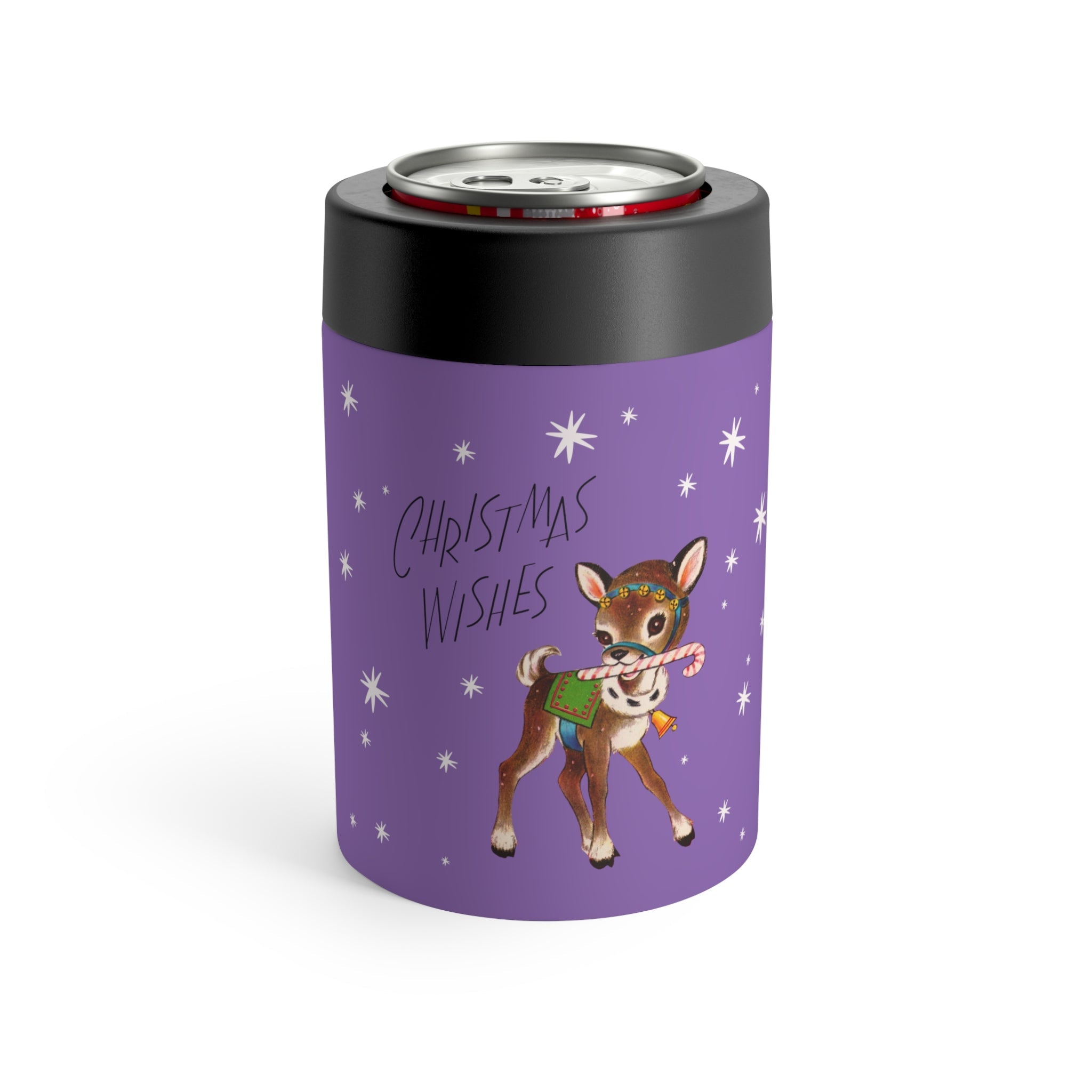Christmas Wishes Reindeer Stars Purple Mid Century Retro Christmas Print Stainless Steel Can Holder