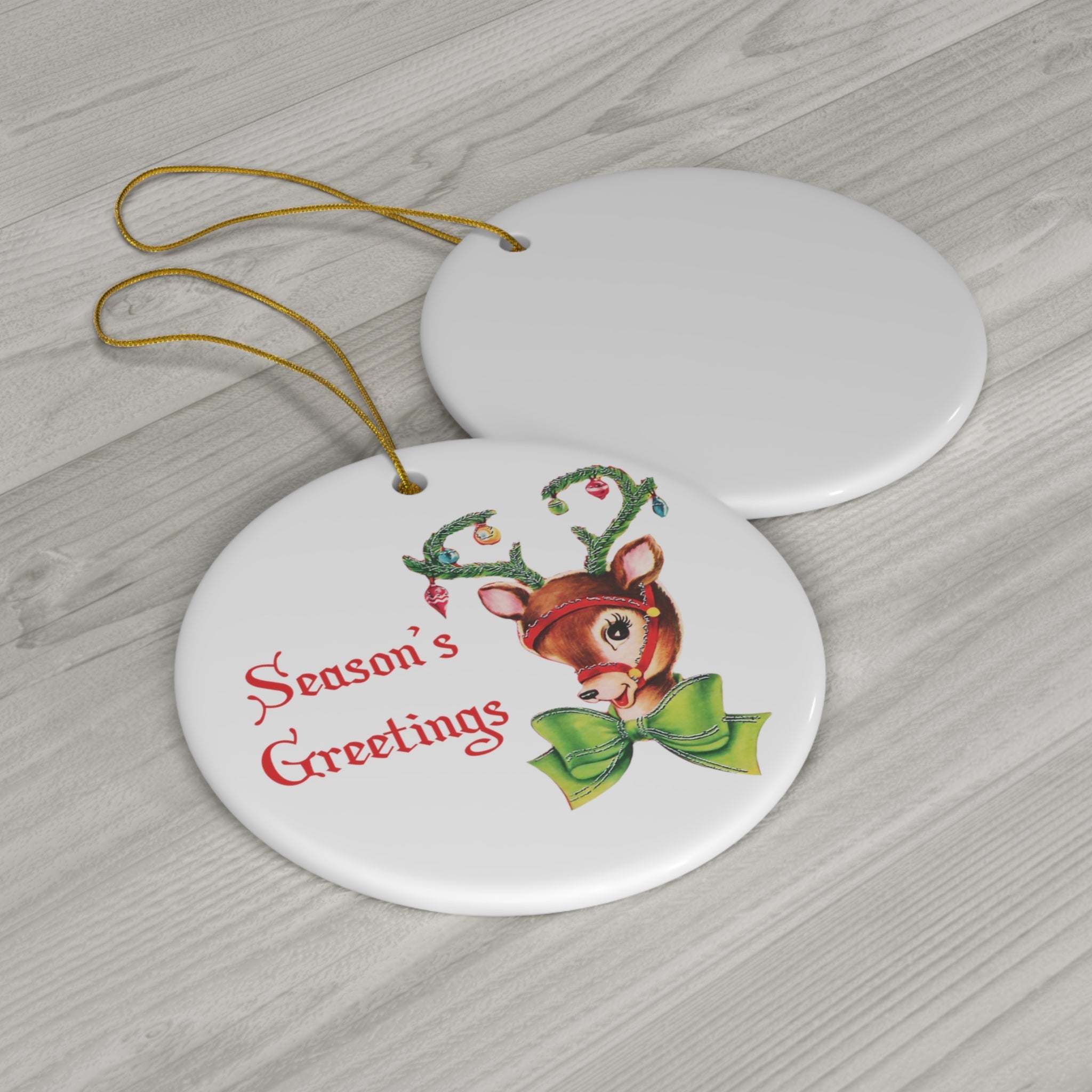 Season's Greetings Reindeer With Ornaments Mid Century Retro Christmas Print Ceramic Ornament