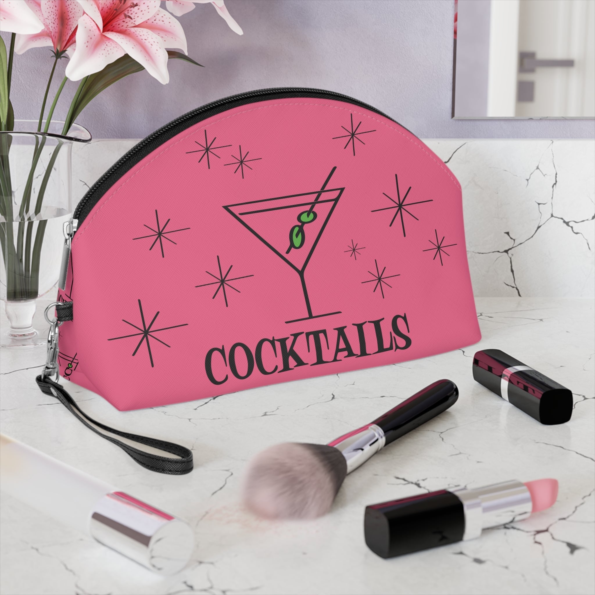 Martini Cocktails Atomic Pink Mid Century Retro Style Cosmetic Makeup Travel Bag