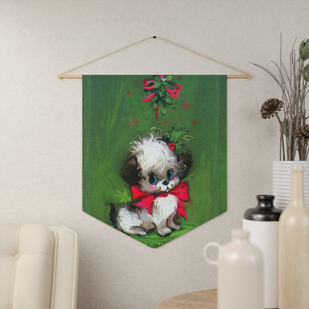 Christmas Puppy Under Mistletoe Mod Retro Christmas Print Wall Hanging Banner Flag