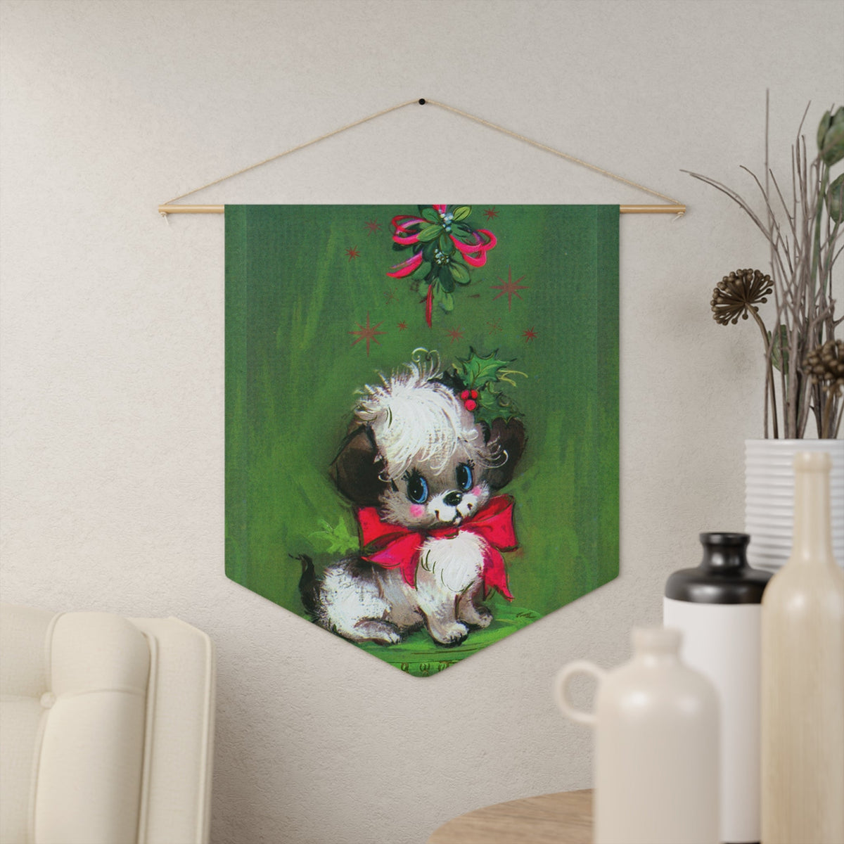 Christmas Puppy Under Mistletoe Mod Retro Christmas Print Wall Hanging Banner Flag