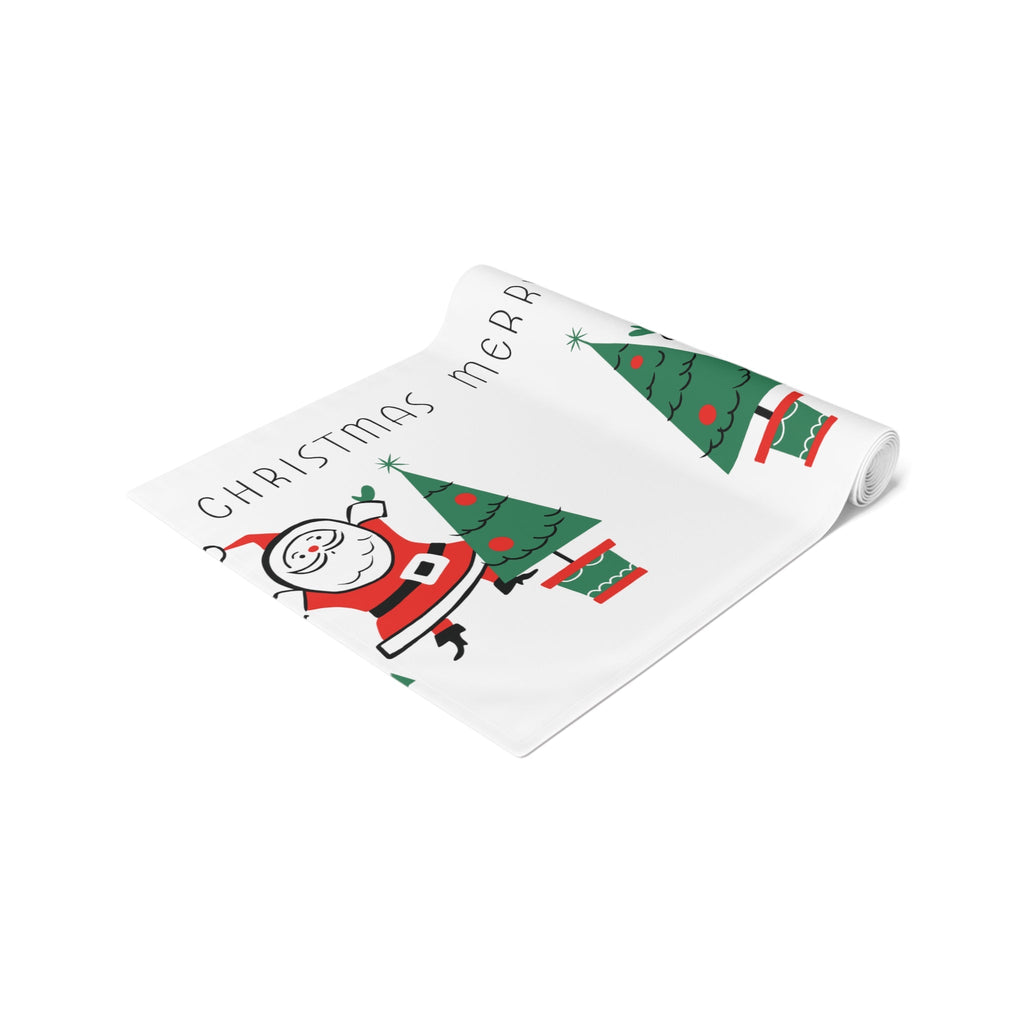 Merry Christmas Santa Christmas Trees Mid Century Retro Style Christmas Decor Red Cotton Poly Table Runner