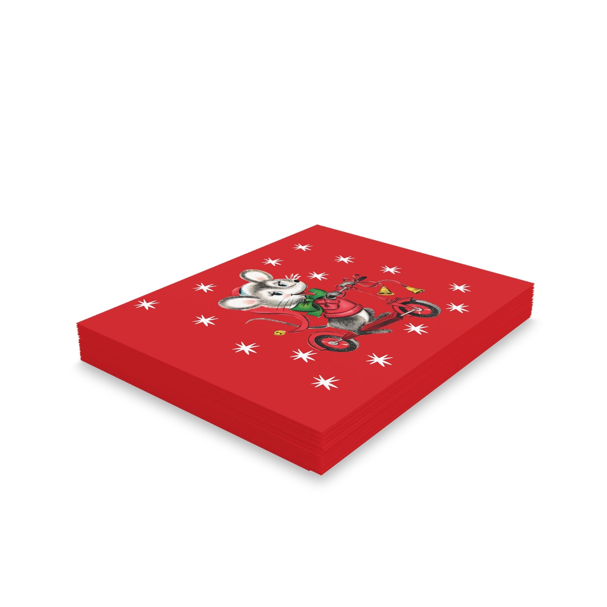 Christmas Mouse On Scooter Stars Mid Century Retro Christmas Print Red Matte Greeting Cards (8, 16, and 24 pcs)