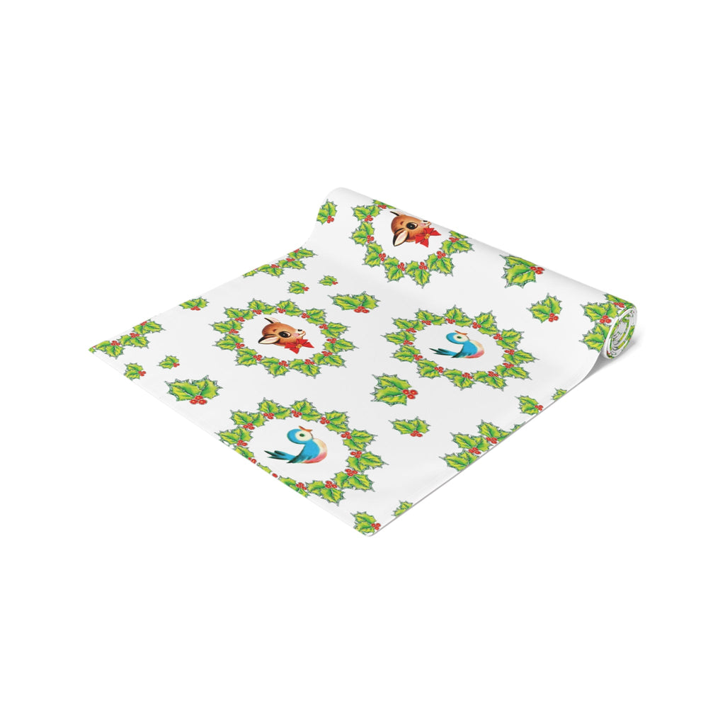Christmas Bluebirds And Reindeer In Holly Berry Wreath Mid Century Retro Christmas Print Home Decor Cotton Poly Table Runner