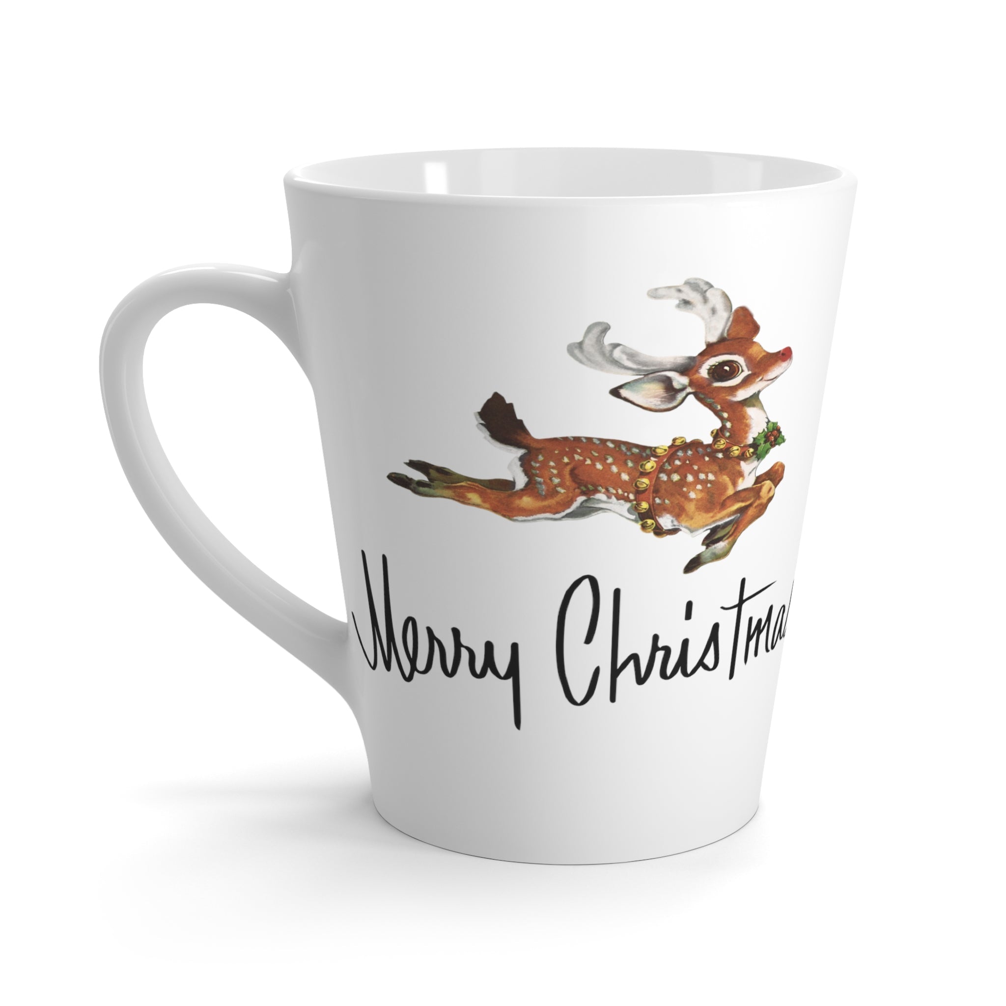 Merry Christmas Leaping Reindeer Mid Century Retro Christmas Print Latte Mug
